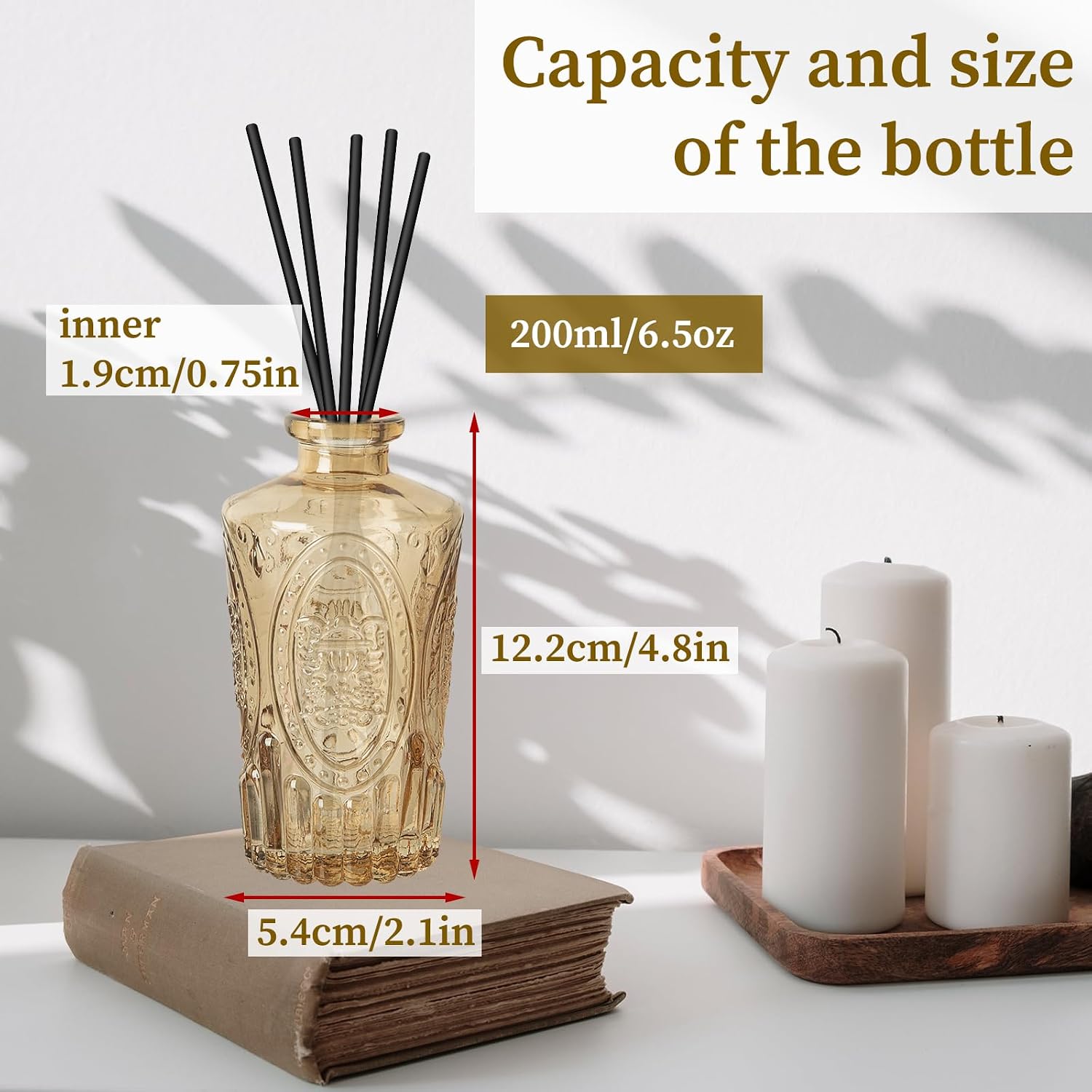 Glass Reed Diffuser Bottles Set of 4 Empty Amber Refillable Fragrance Jars 6.5oz/200ml Vintage Embossed Unique Design Decorative Bottle Vase with Black Reed Sticks for Living Room Bedroom Bathroom