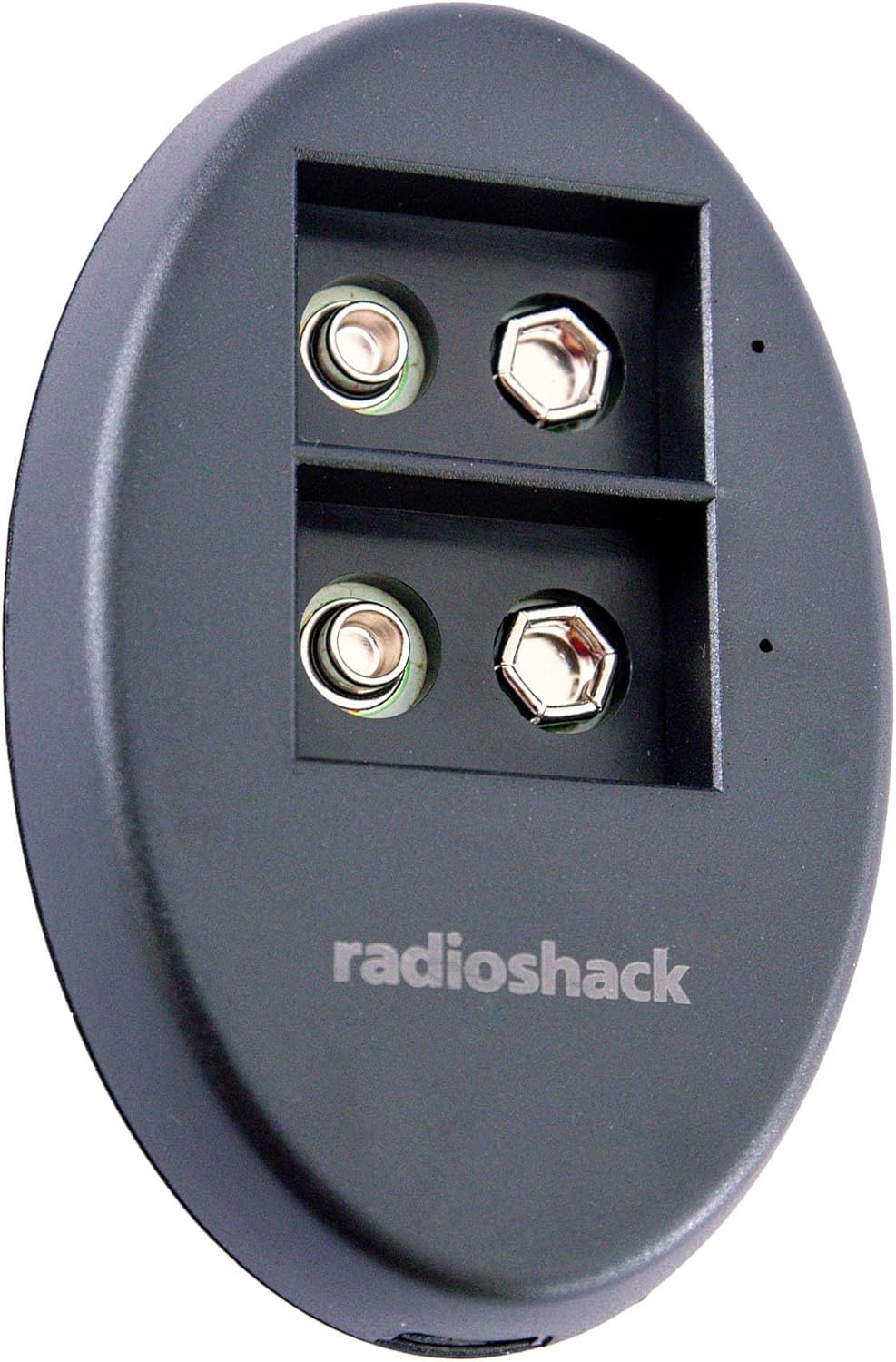 Front view of the RadioShack 9V USB Dual Battery Charger, showing two charging slots and the RadioShack logo.