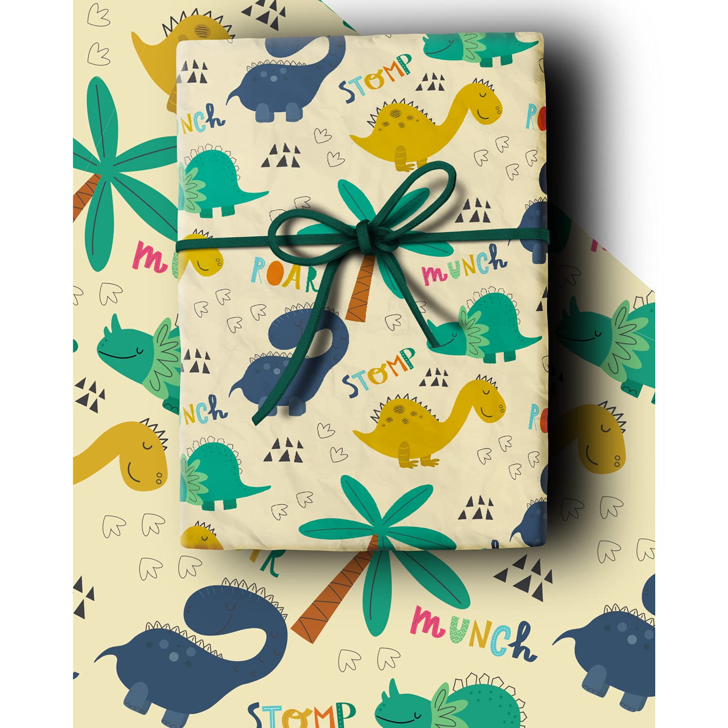 4 x Dinosaur Kids Wrapping Paper Sheets 84cm x 60cm with FREE Birthday
