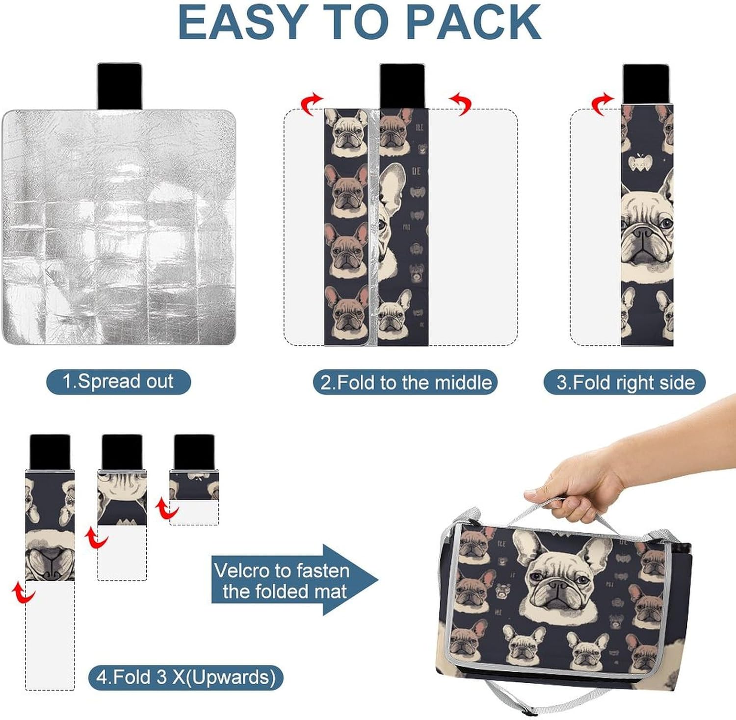 Outdoor Picnic Blanket,I Love French Bulldog Print Picnic Blankets,Large Beach Blanket Sand Free Foldable Portable Camping Blanket