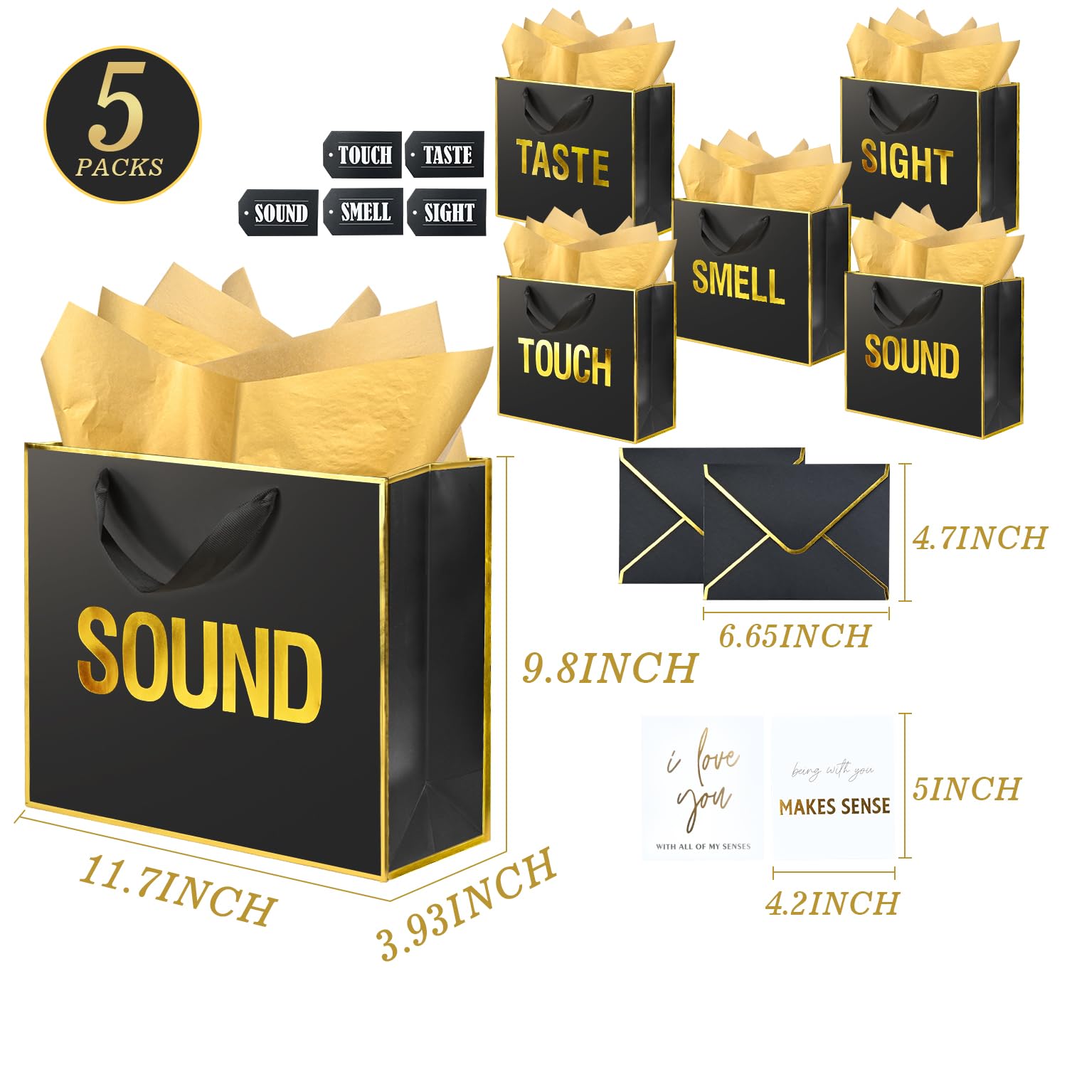DECHISY Large 5 Senses Gift Bags For Him Her, Gold Foil Sight Smell Touch Taste Sound Gift Bags Five Senses Gift Bag