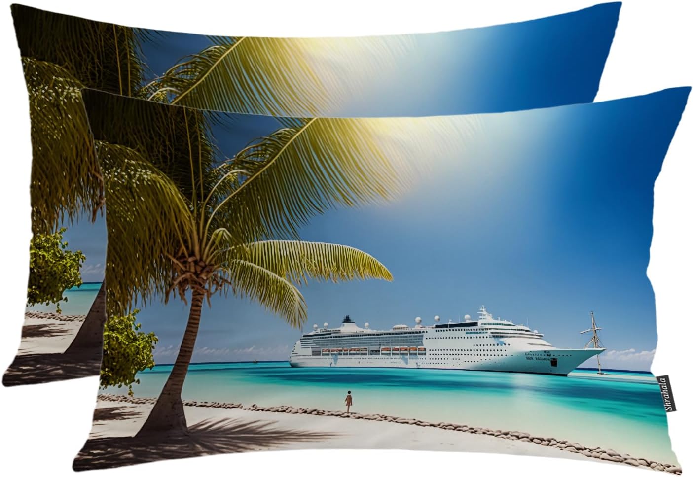 Shrahala Cruise Ship Beach Pillowcases, Nature Palm Tree Blue Sky Ocean Caribbean Lumbar Pillow Cover Decorative Blended Double-Sided No Inserts for Bedroom Sofa Living Room Set of 2 (26 X 20 in)
