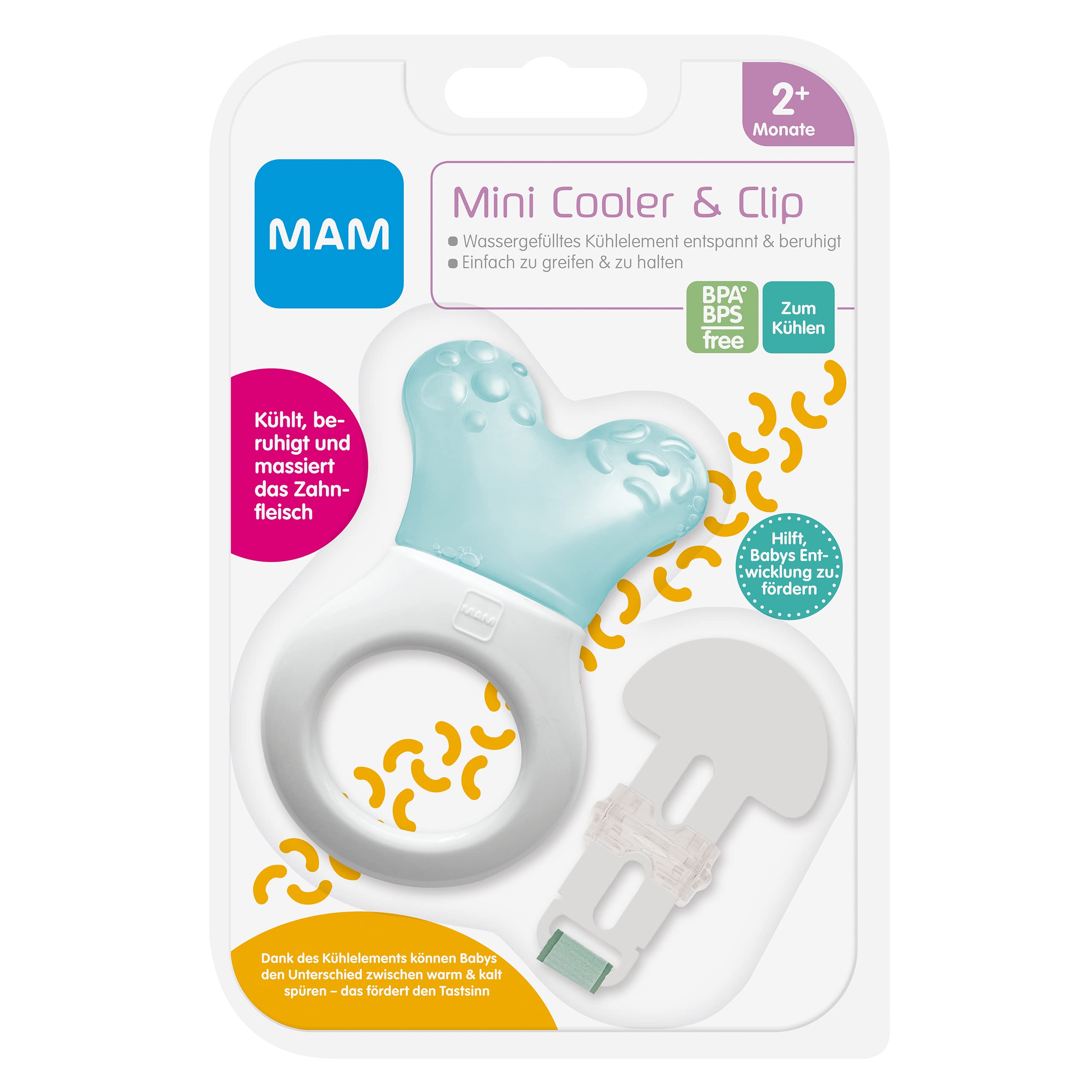 MAM Mini Cooler & Clib, chłodzący gryzak z klipsem do łatwego mocowania, bardzo mały i lekki gryzak dla niemowląt, od 2 miesięcy, turkusowy