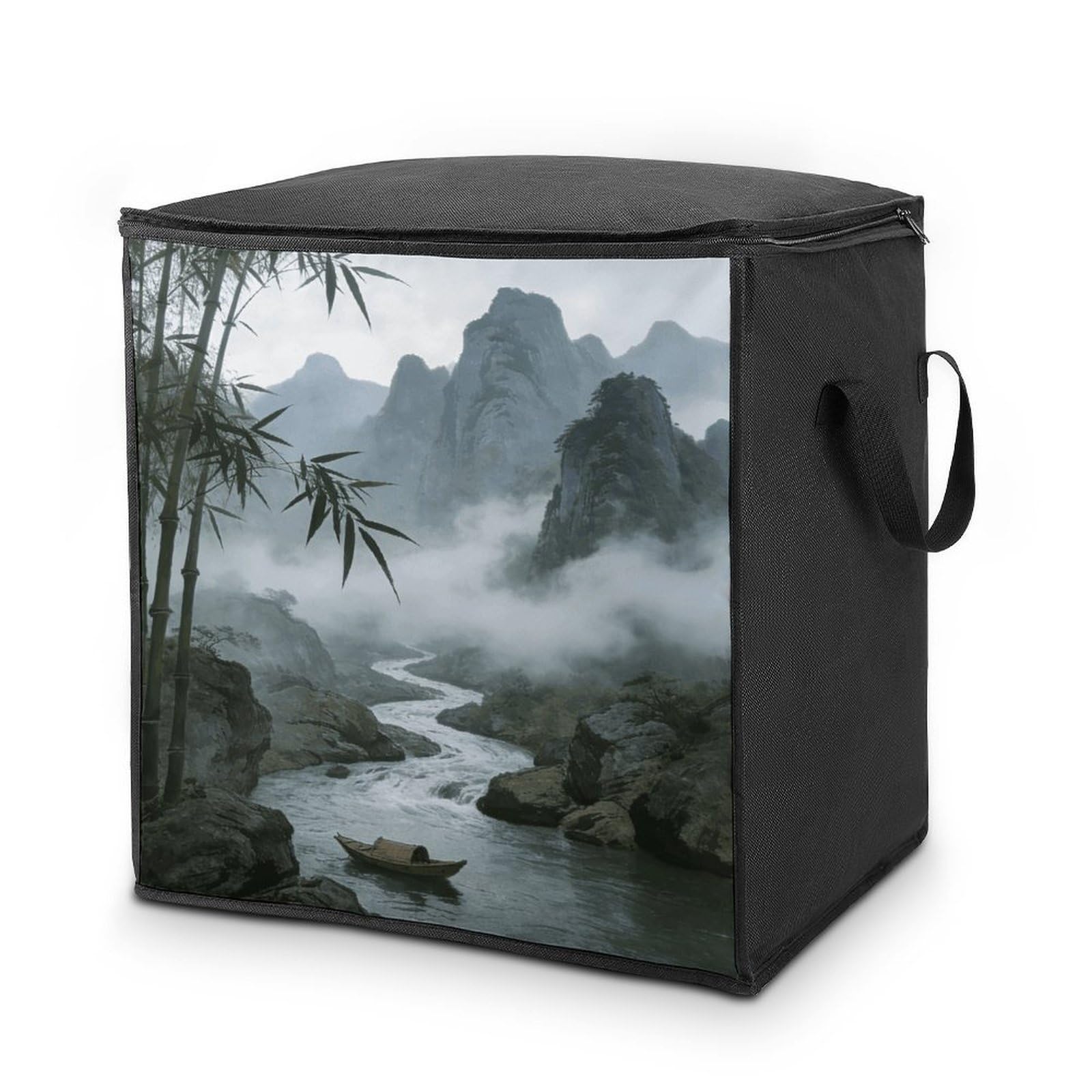 Rainy And Misty Return of The Boat Storage Bag with Zippers And Handle Extra Large Bedding Comforter Storage Bag Foldable Blanket Storage Bags Fabric Moving Bags for Closet Organizer (70L)
