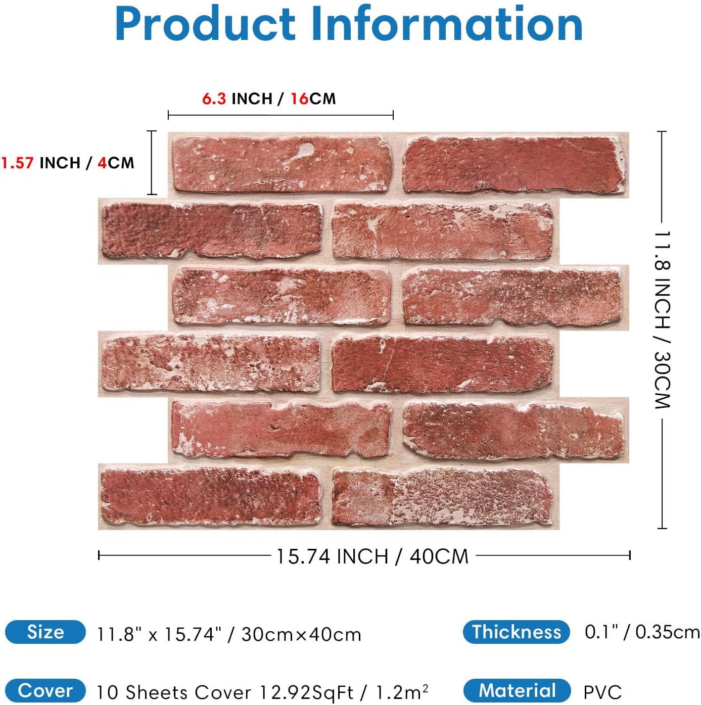 COMSTICKC 3D Faux Brick Wall Panels Peel and Stick Wall Stickers, 10 Pcs 15.7" x 11.8", Not Real Brick, Ultra-Light Thin PVC Fake Brcik Backsplsh Decorative Wall Covering for DIY, Vintage Red