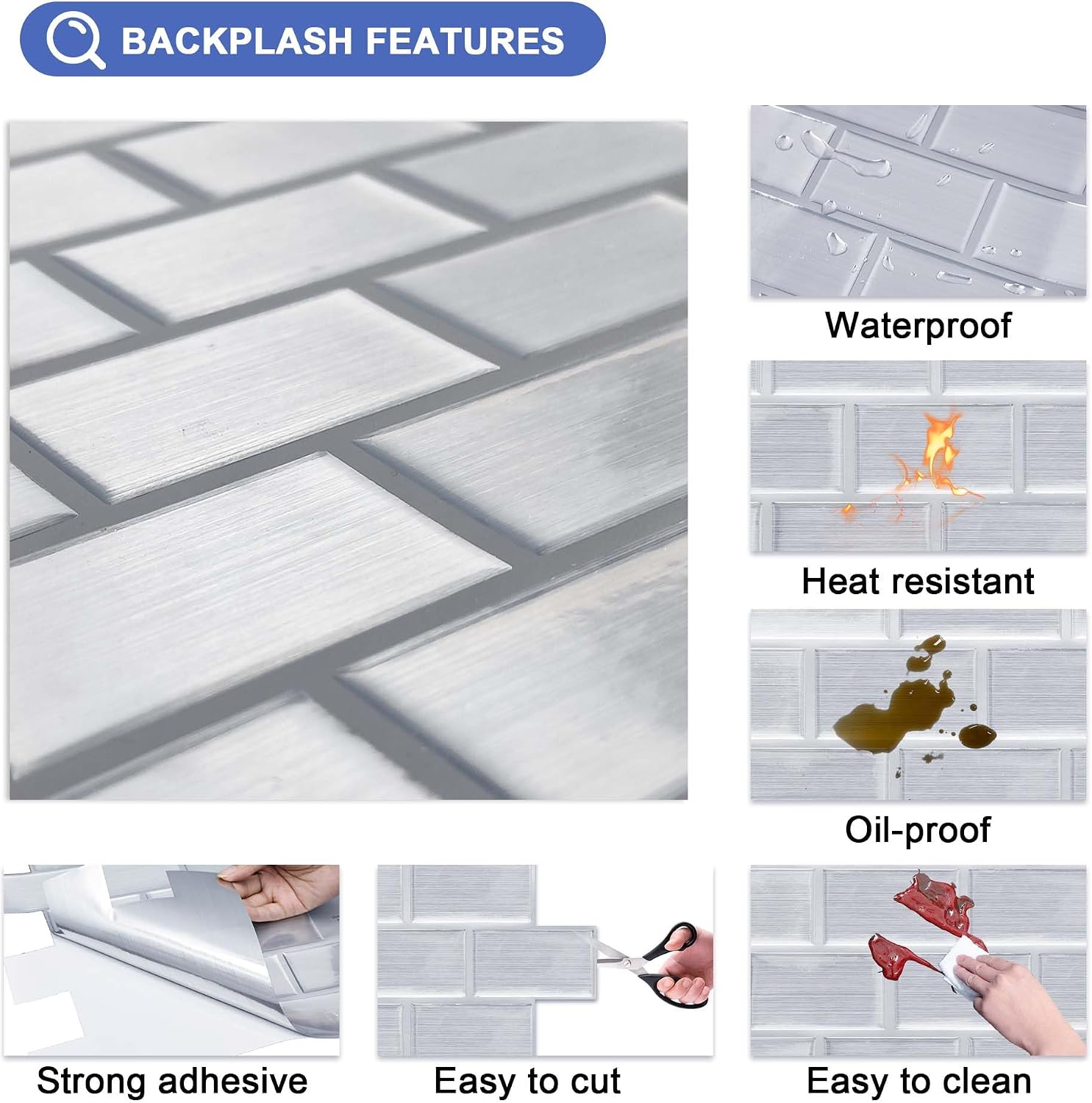 10-Sheet Peel and Stick Backsplash Tile Sticker Vinyl Wall Covering Removable Waterproof Stick on Backsplash for Kitchen, Bathroom, Counter Top (12"x12", Silver)