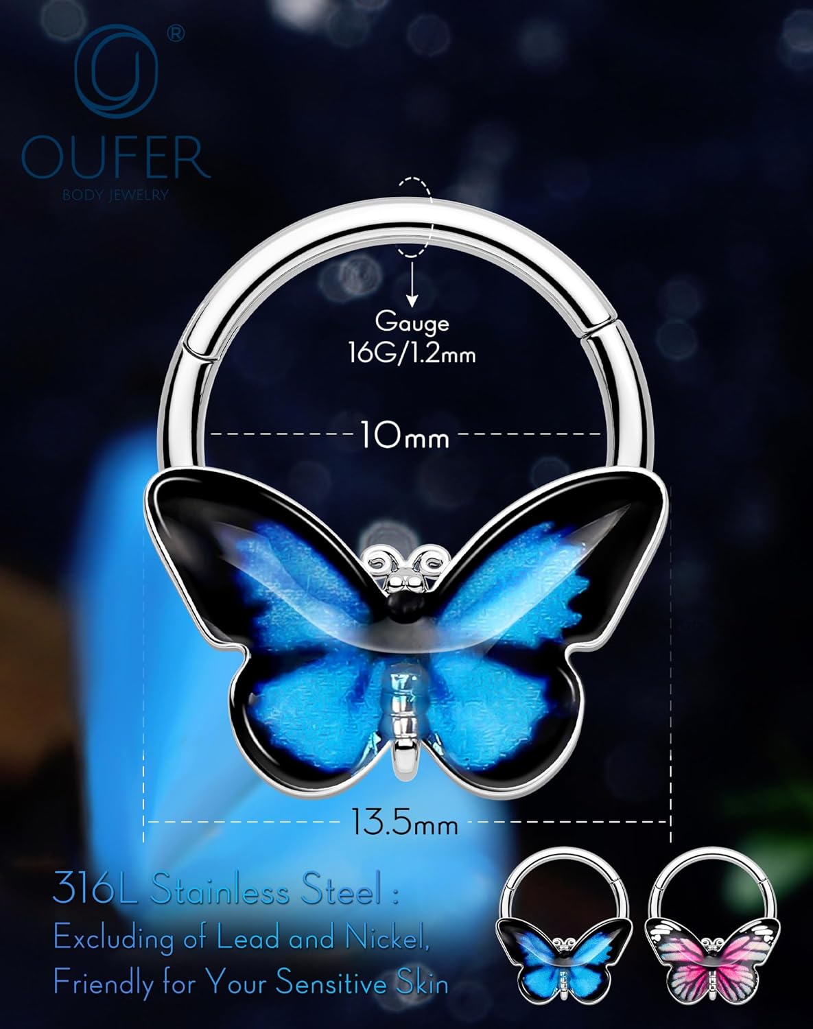 OUFER Butterfly Septum Rings, 16G Daith Septum Piercing Jewelry, Hinged Segment Clicker Daith Helix Cartilage Earrings for Women Men-Blue/Pink - Image 5
