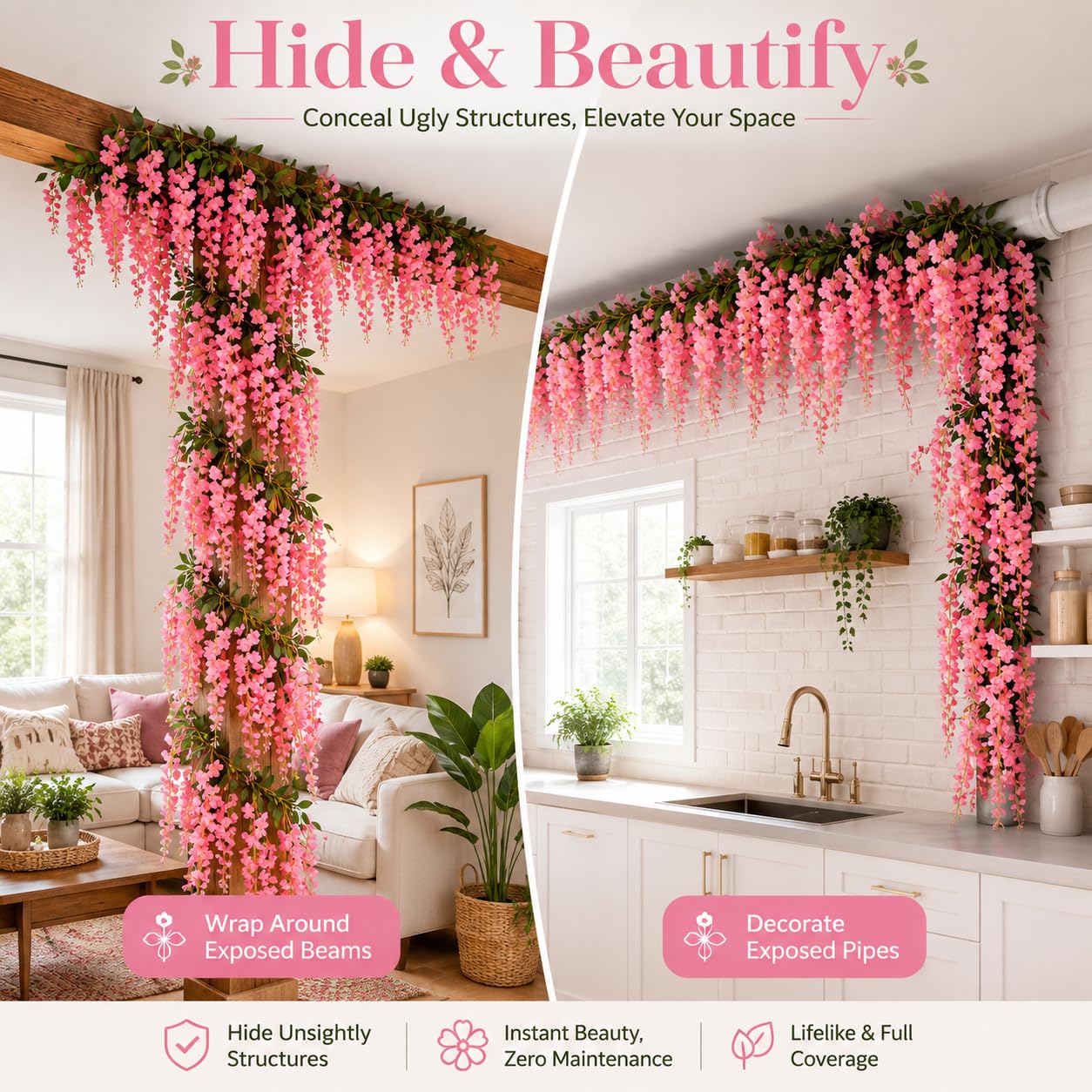 12 sztuk sztucznych kwiatów glicynii, wiszące, 114 cm, sztuczne kwiaty z kwiatami 60 cm, jedwabne kwiaty, wisteria, jak prawdziwe, na balkon, do ogrodu, na wesele, imprezę, dekoracja na
