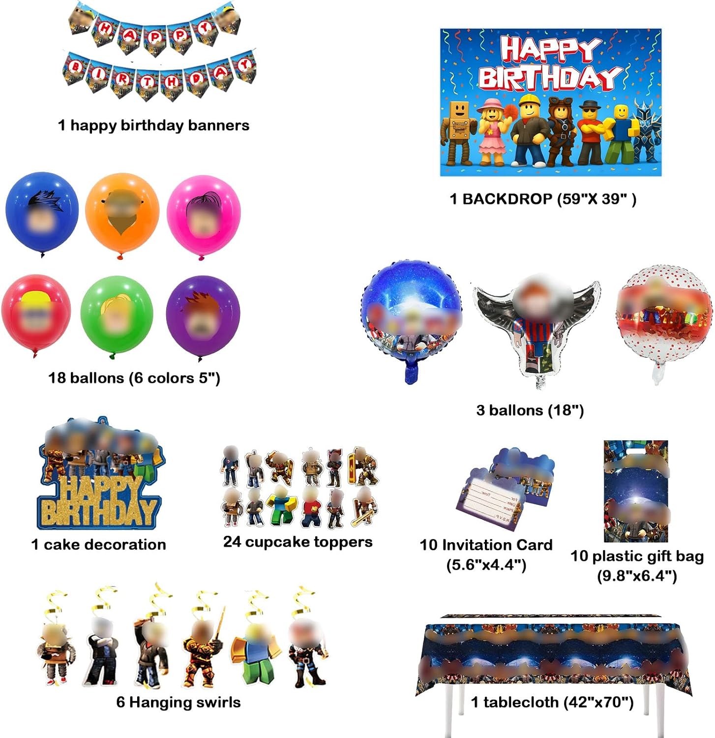 Birthday Decorations Party Supplies Party Decoration with Happy Birthday Banner, Backdrop, Hanging Swirls, Tablecloth, Cupcake Cake Toppers, Balloons,gift bags,invita card, Complete Party Supplies Set