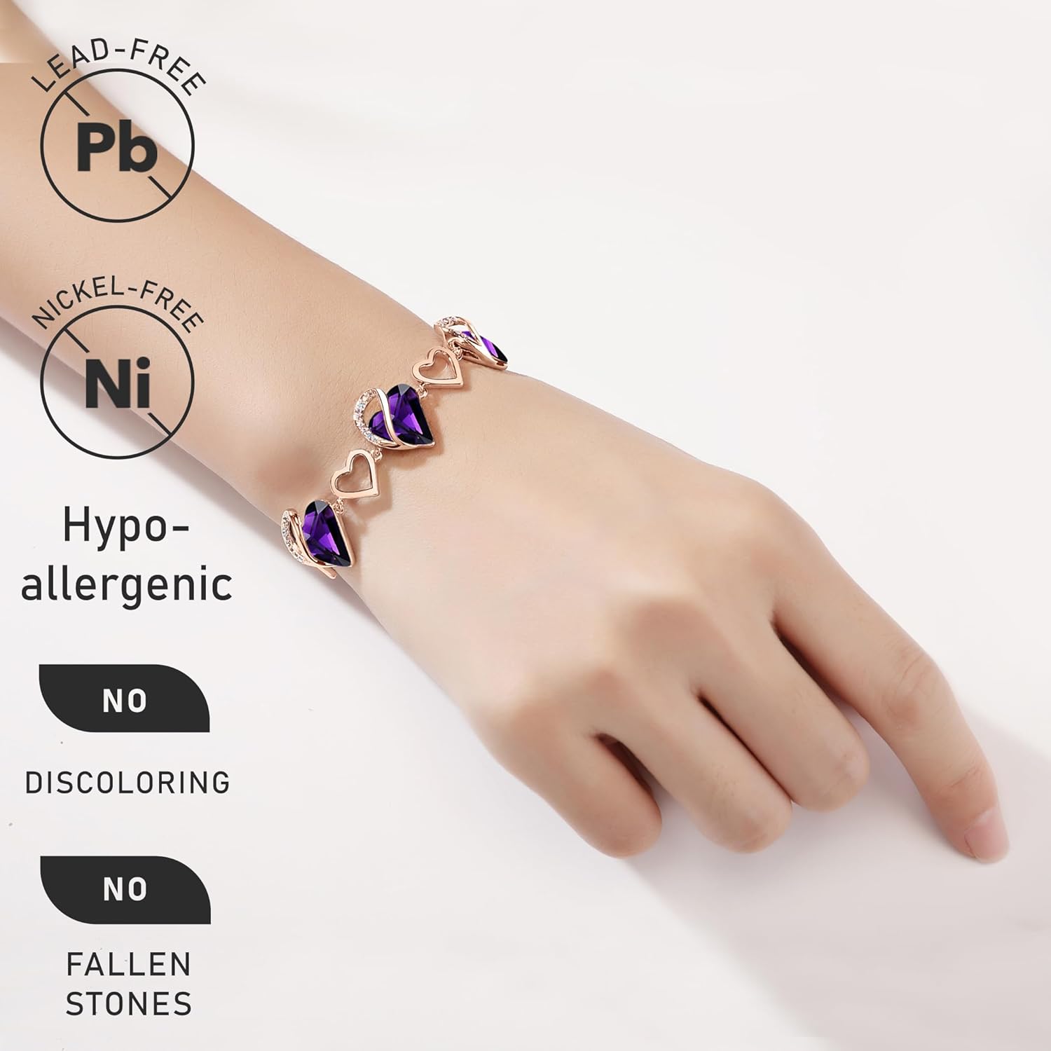 Leafael 18K Rose Gold Plated Love Heart Link Bracelet with Healing Stone Crystal, Jewellery Gifts for Women, 7" Chain + 2" Extender - Image 2