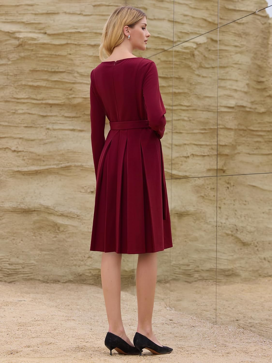 Hobemty Women's Pleated Dress A Line Tie Waist Business Casual Long Sleeve Dresses