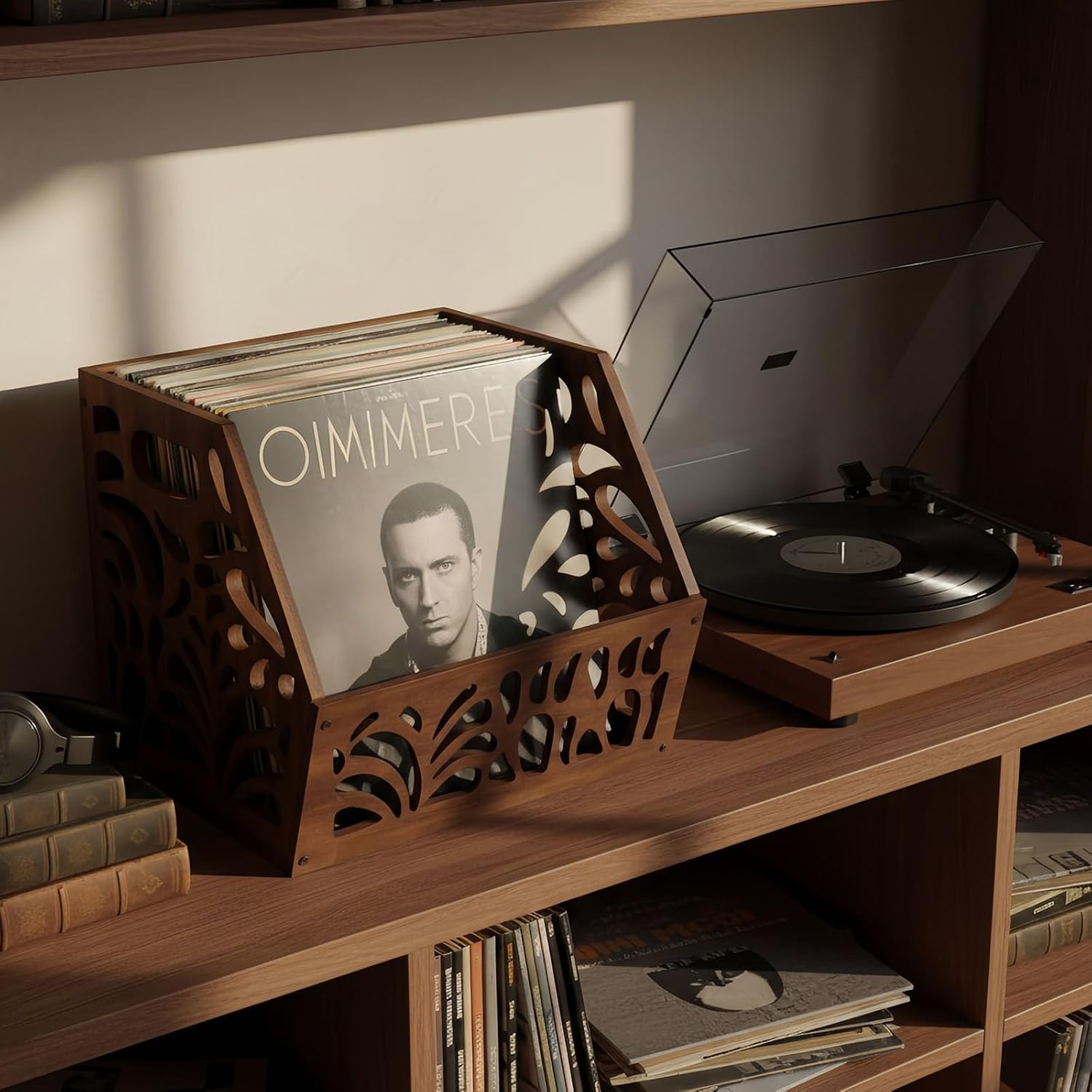 Vintage Vinyl Record Storage, Album Holder Storage 60+ LPs, Classic Vinyl Organizer Cube, Wooden Crate Box for Record Magazine Display (Patent Pending)