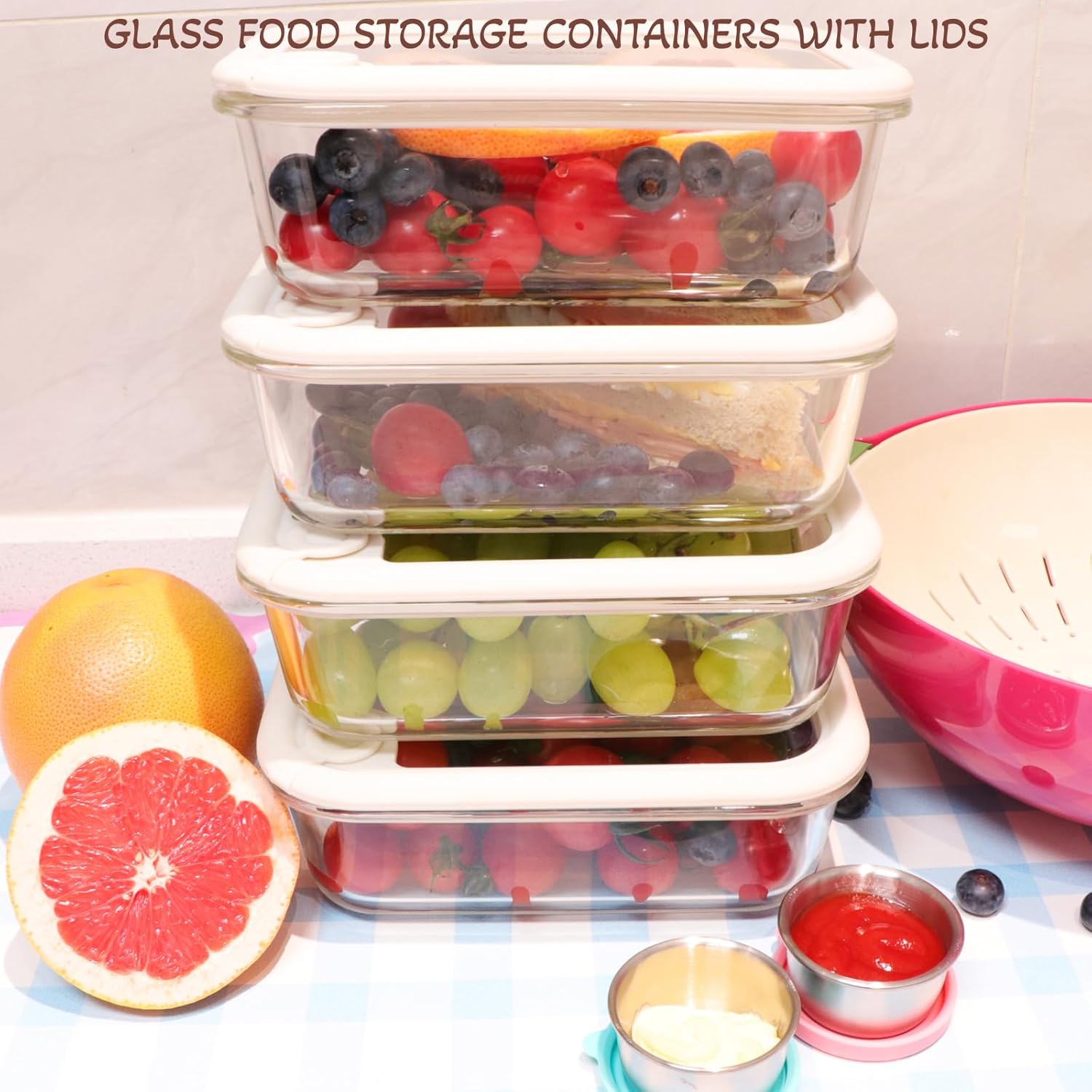Glass Food Storage Containers with Silicone Glass Lids, Stainless Steel Salad Dressing Containers, Microwave-safe LeakProof Food Containers Set, 4-pack 35 oz（White）