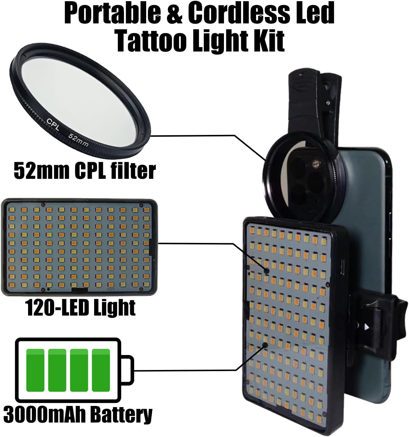 LED Tattoo Light Kit with CPL Filter & Adjustable Stand - 120 Beads Studio Photography Lighting for Tattoo Artists, Eliminate Glare for Smartphones, Tablets, DSLR Cameras