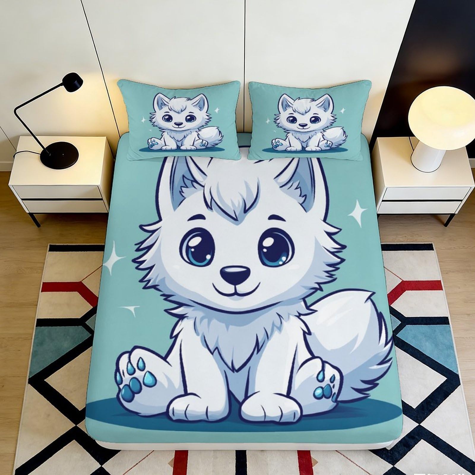 3D Printed Cartoon Wolf Fitted Sheet Microfiber Deep Pocket Elastic Hem Cartoon Bedroom Mattress Fitted Cover Washable 180x200x25cm