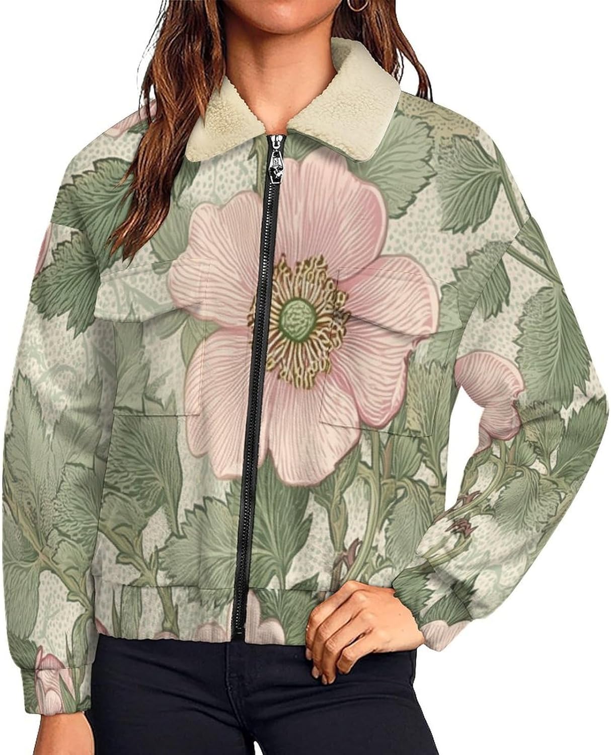 Women Winter Sherpa Lined Fleece Jacket, Long Sleeve Zip Up Wild Rose Fuzzy Cropped Coats Warm Soft Polar Outwear