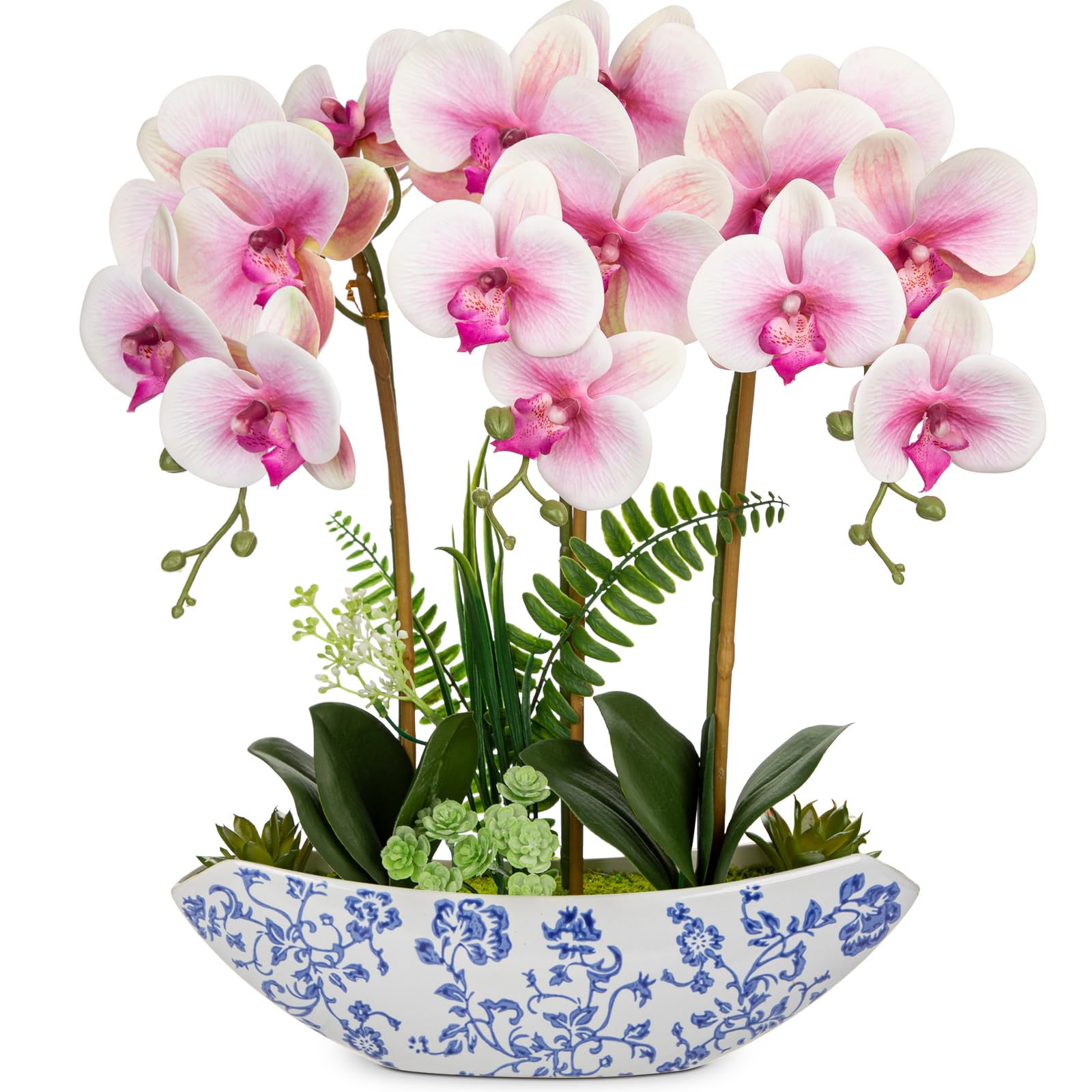 Oairse 18" Orchid Artificial Flowers Pink Fake Orchid Silk Flowers with Blue and White Ceramic Pot Large Faux Phalaenopsis Arrangement for Home Office Room Living Room Coffee Table Centerpiece Decor — image 1