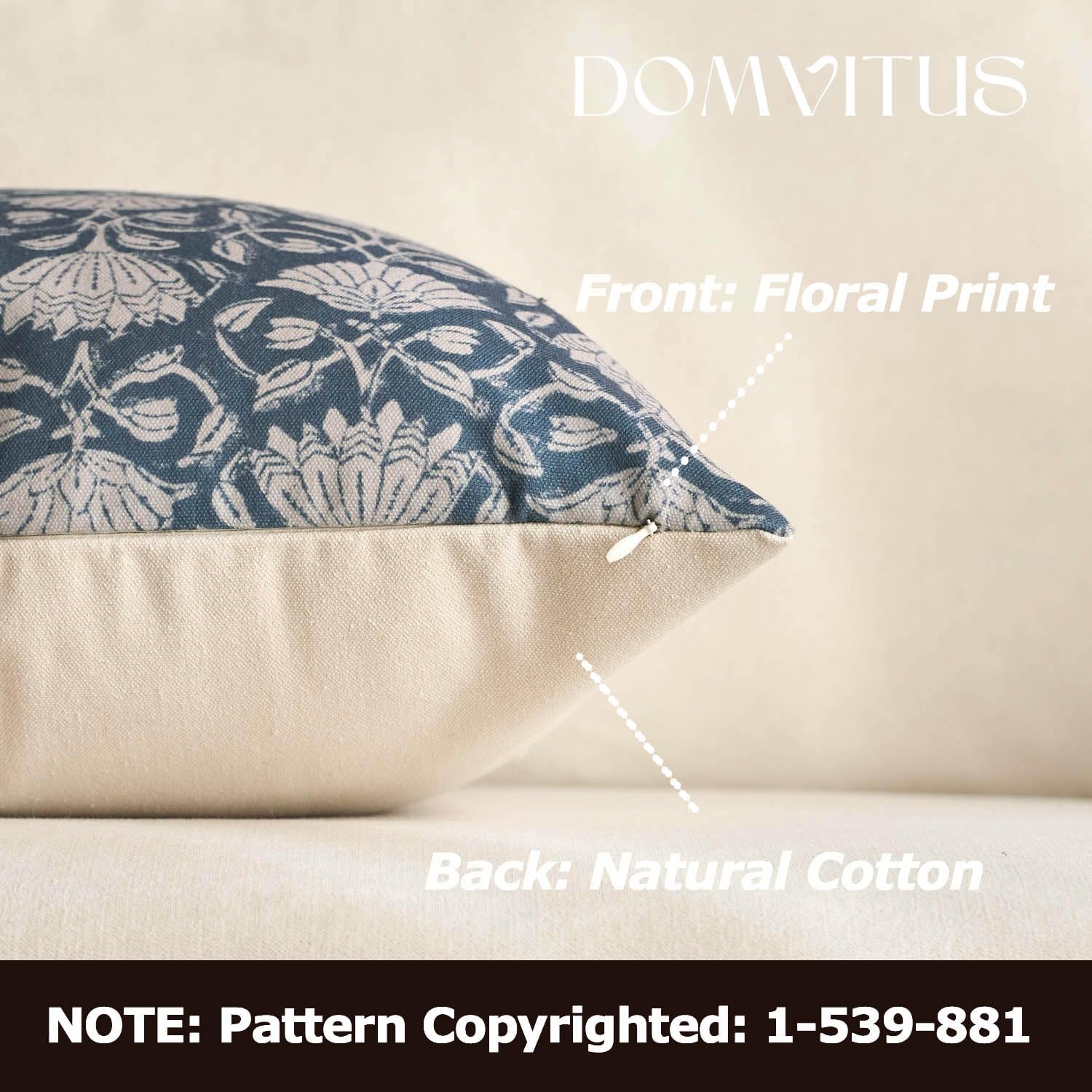 DOMVITUS Floral Pillow Covers 24x24 Decorative Throw Pillow Covers Floral Block Print Farmhouse Vintage Pillow Cover for Living Room Couch Bed Dusty Blue 1PC
