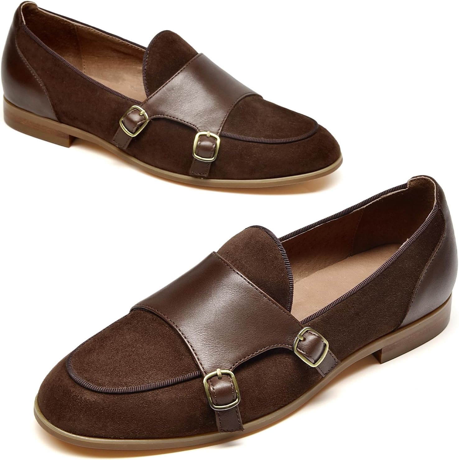 BEAU TODAY Monk Straps Loafers for Women Double Buckles Design Womens Leather Flat Shoes Comfort Business Slip-on Casual Round Toe Loafer Shoes - Image 4