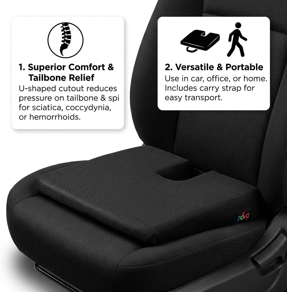 nova Orthopedic Coccyx Seat Cushion & Tailbone Pain Relief Pillow - U-Shaped Wedge for Office Chair, Car & Home - Posture Support, Washable Black Faux Suede Cover with Carry Strap, 16.5"x16.5"