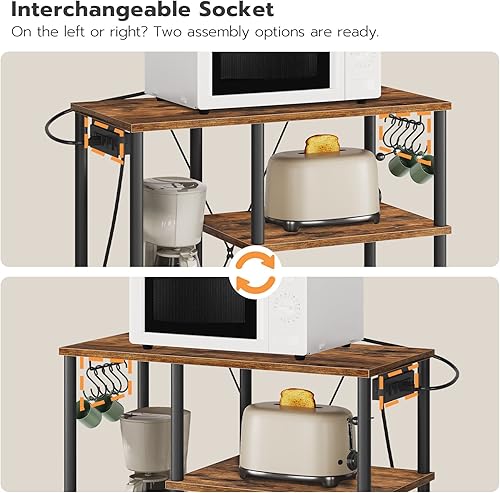 Miniatura 6 de HOOBRO Estante para panaderos con toma de corriente, soporte para microondas con 5 ganchos en forma de S, barra de café, estante de almacenamiento