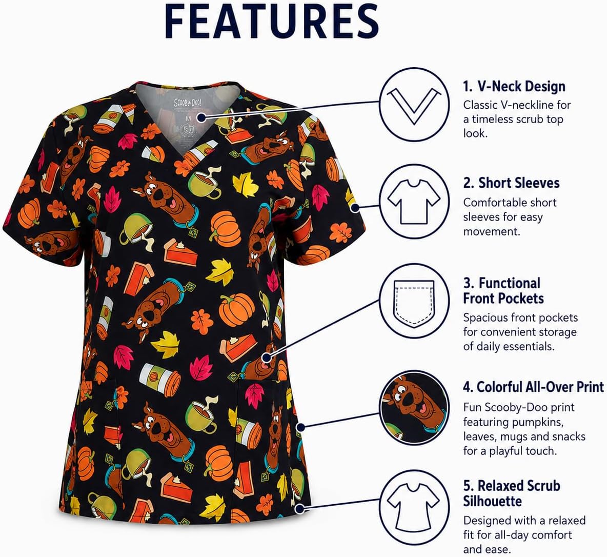 COCO BRANDS Womens Scrub Tops - Scooby-Doo Short Sleeve V-Neck Medical Uniform Scrubs for Women (Sizes: S-XXL)