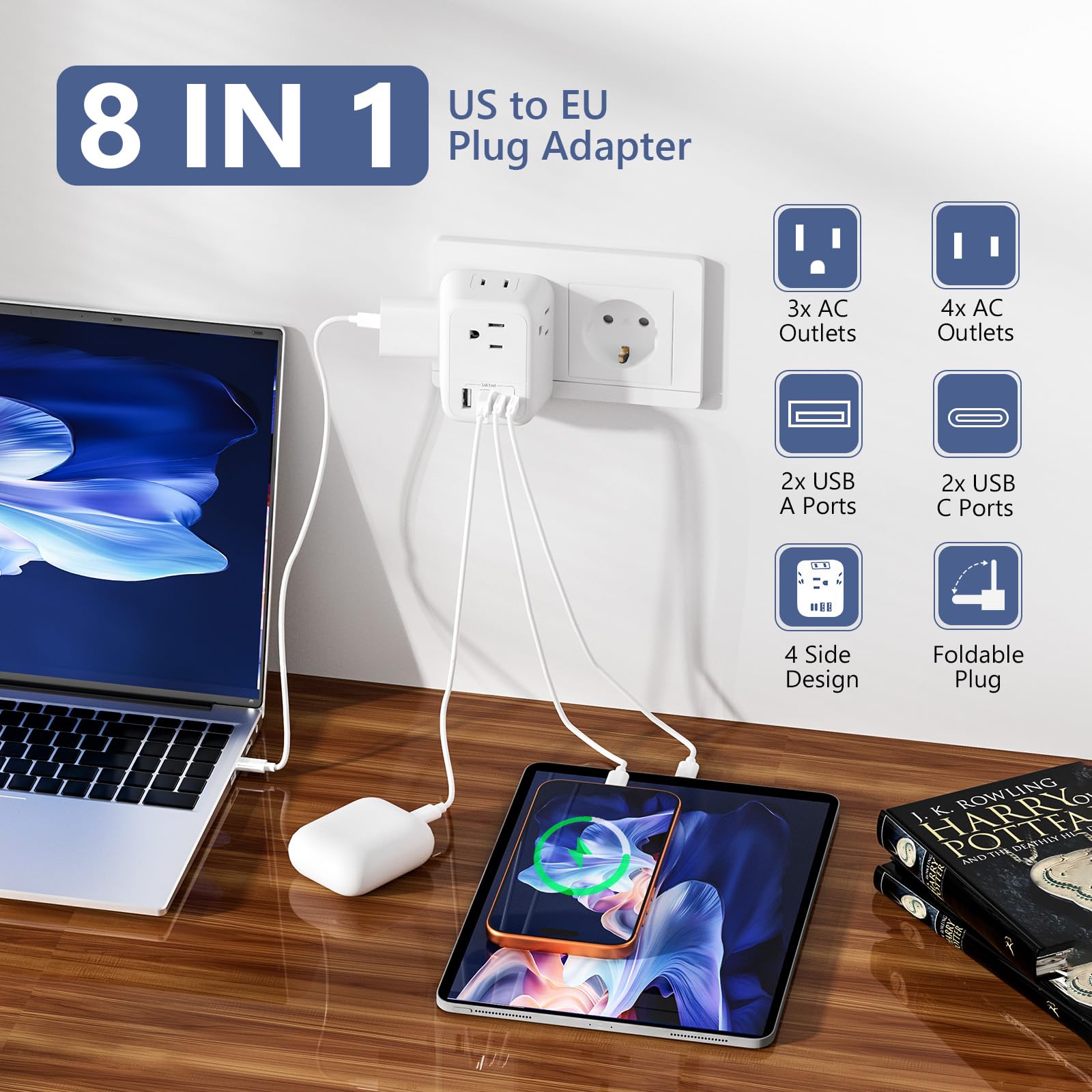 2 Pack European Travel Plug Adapter, FLASHSONIC US to Europe Adapter with 4 AC Outlets 4 USB Charging Ports (2 USB C), Foldable International Power Plug Adapter Travel Essentials to Italy Spain France - 3