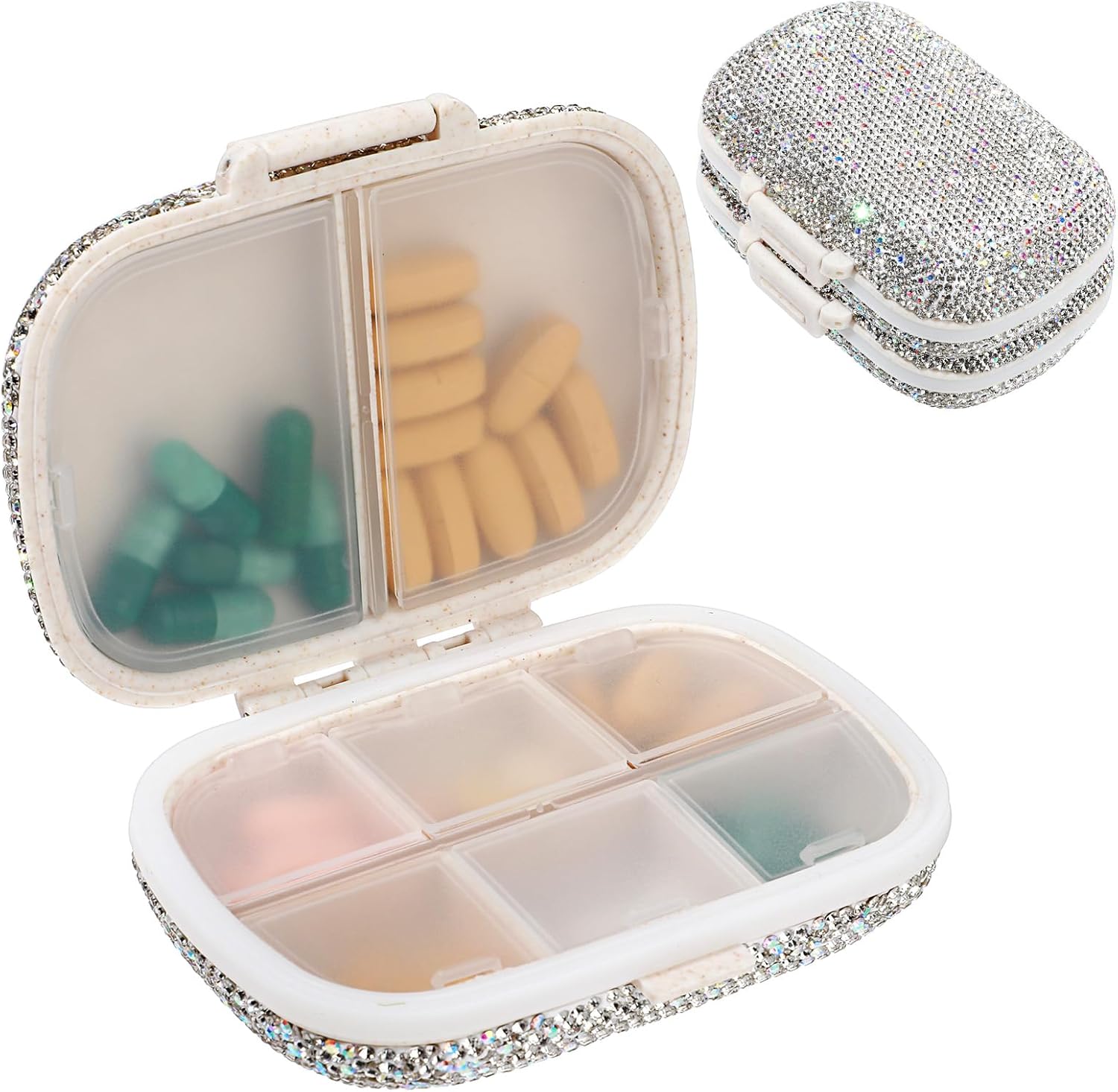 Molain Bling Pill Organizer with 8 Compartments, Silver Portable Pill Case Crystal Diamond Small Pill Container Daily Pill Organizer Medicine Container Organizer to Hold Vitamin, Fish Oil, Supplement