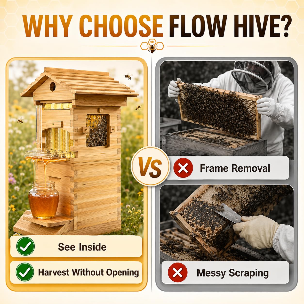 Arnia per Api con Flow Frames, Raccolta Diretta del Miele, Arnia in Legno Naturale per Giardino e Home Apiary