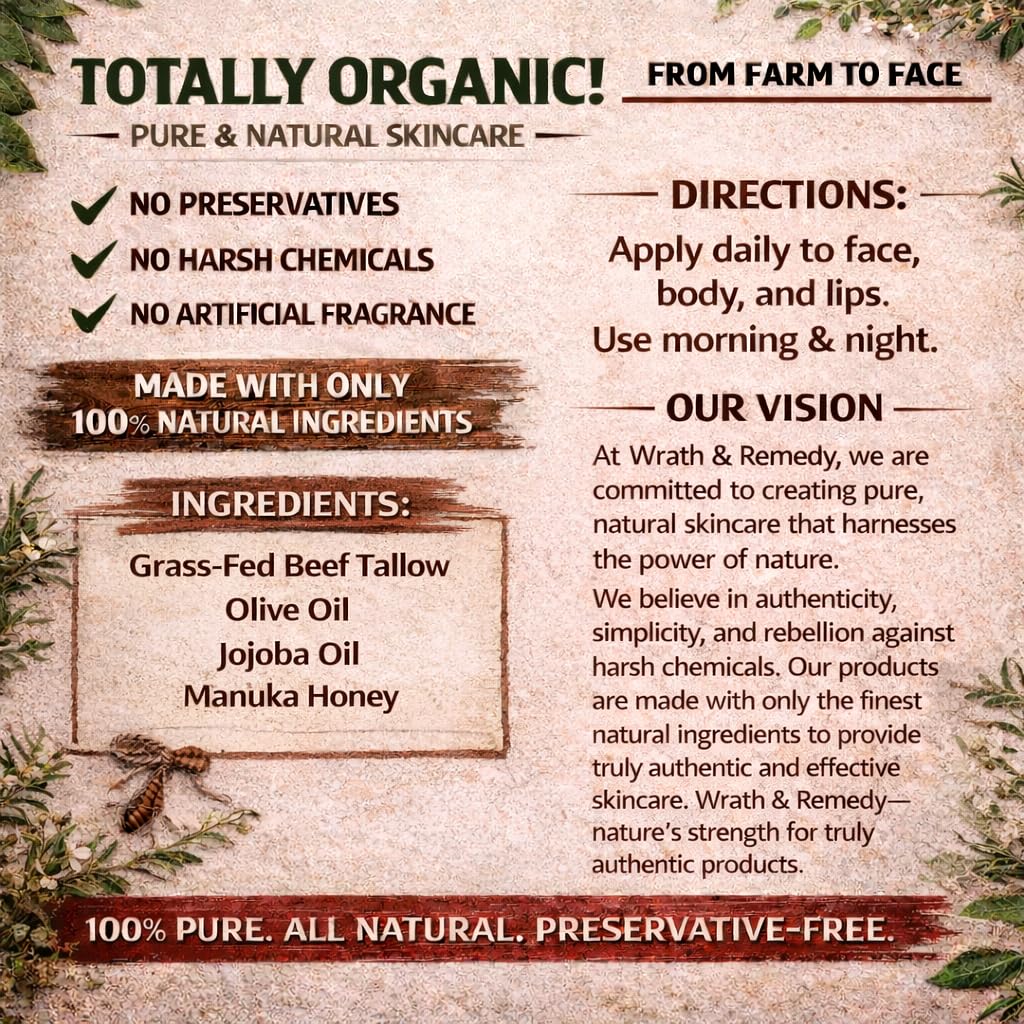 Organic Beef Tallow for Skin - 4 OZ (Unscented) — Grass Fed Beef Tallow for face + Body — US-Made Whipped Tallow and Honey Balm Moisturizer for Dry and Sensitive Skin, Eczema, Rosacea (No Additives)