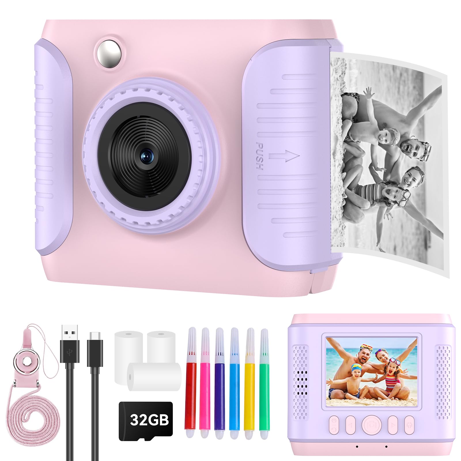Kids Instant Print Camera,Christmas Birthday Gifts for Girls and Boys,1080P HD Video Digital Kids Camera with Print Paper&32G Card,Toddler Toy for 3-14 Years Old (Pink)
