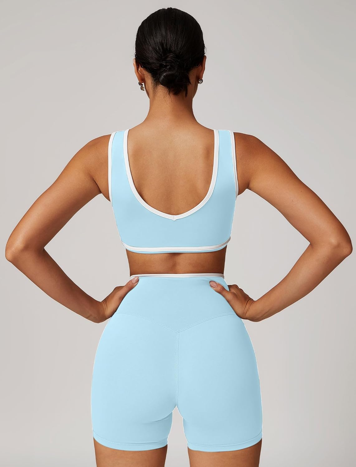 ABOCIW Workout Sets for Women Color Block Sports Bra Crossover Waist Shorts Gym Sets Woman Yoga Pilates Outfits Athletic Work Out Clothes Light Blue Large - Image 2