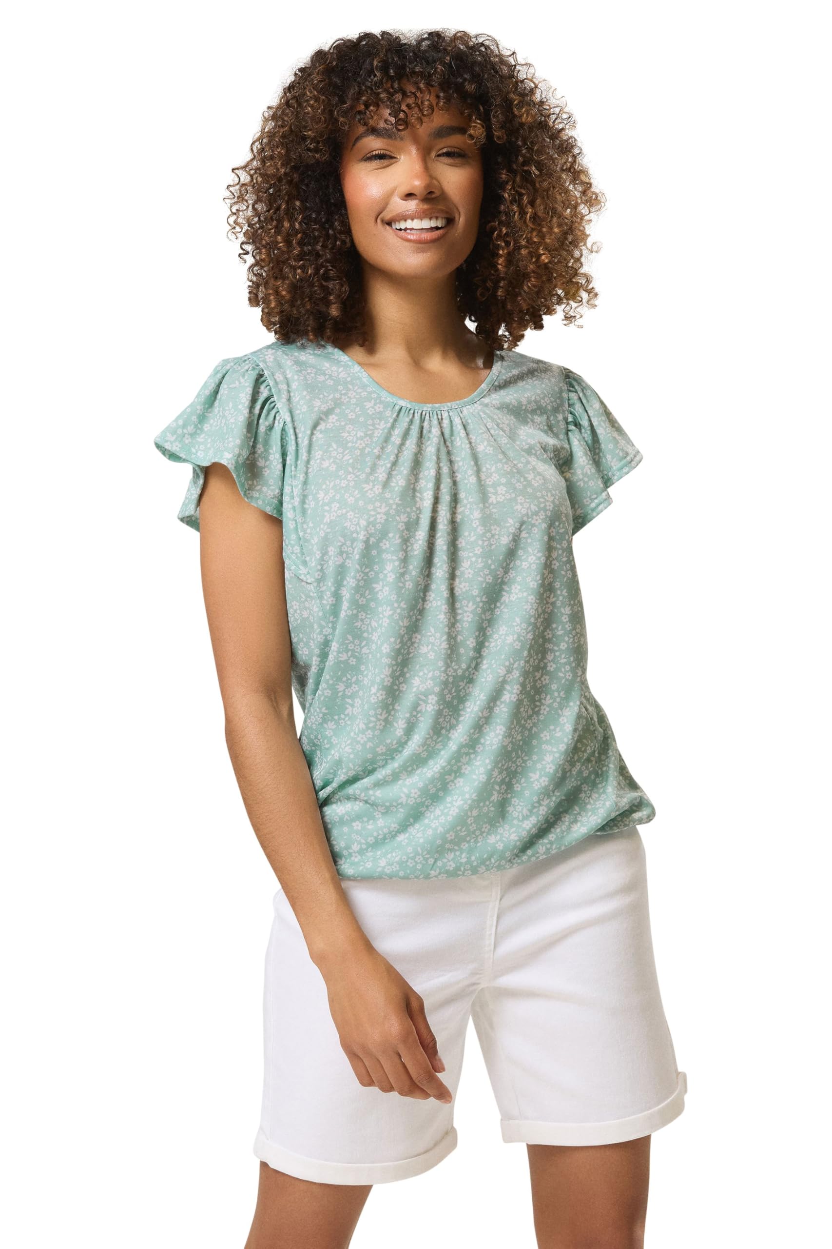 M&Co Ditsy Floral Frill Top - Light Green - Size 14