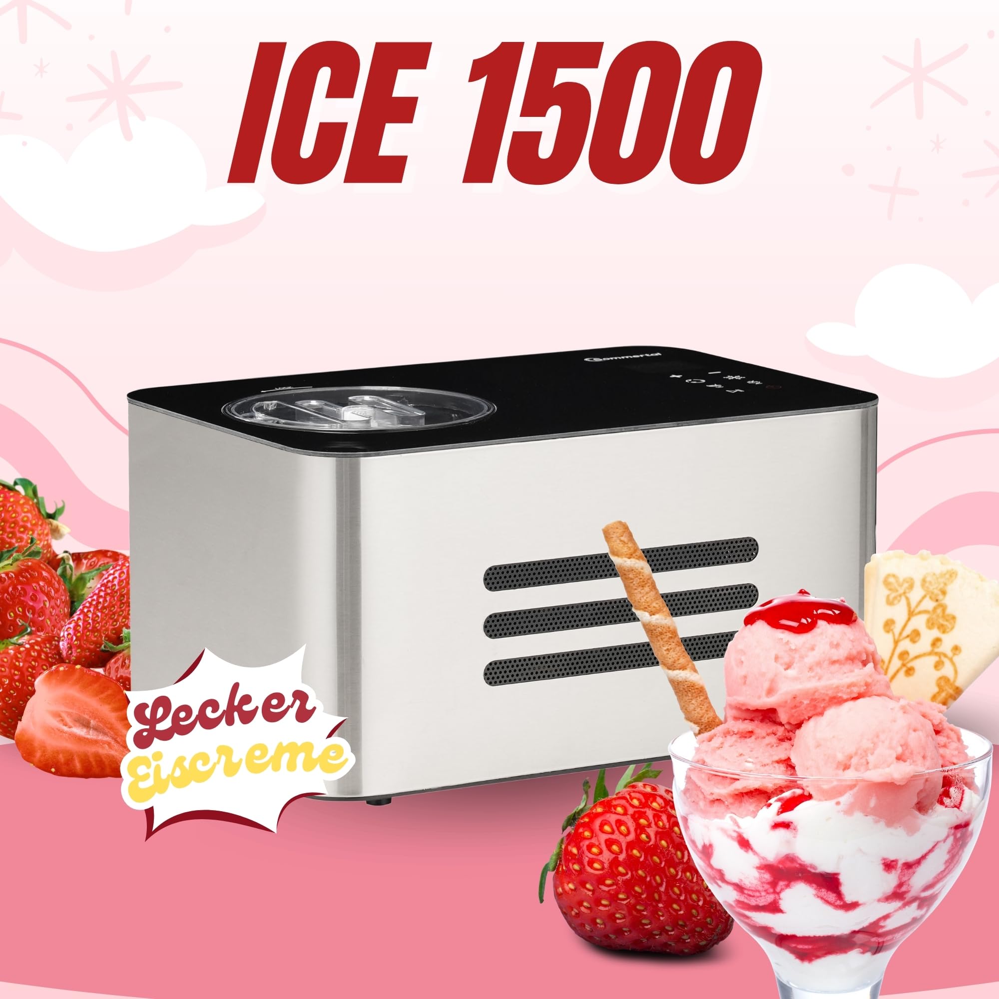 Sommertal ICE1500, Eismaschine mit Kompressor bis -36 °C, 1,5 L Edelstahl, Touchdisplay, 150 W stromsparend, für Sorbet, Milch-Eis und Frozenjoghurt, inkl. Portionierer, BPA-frei
