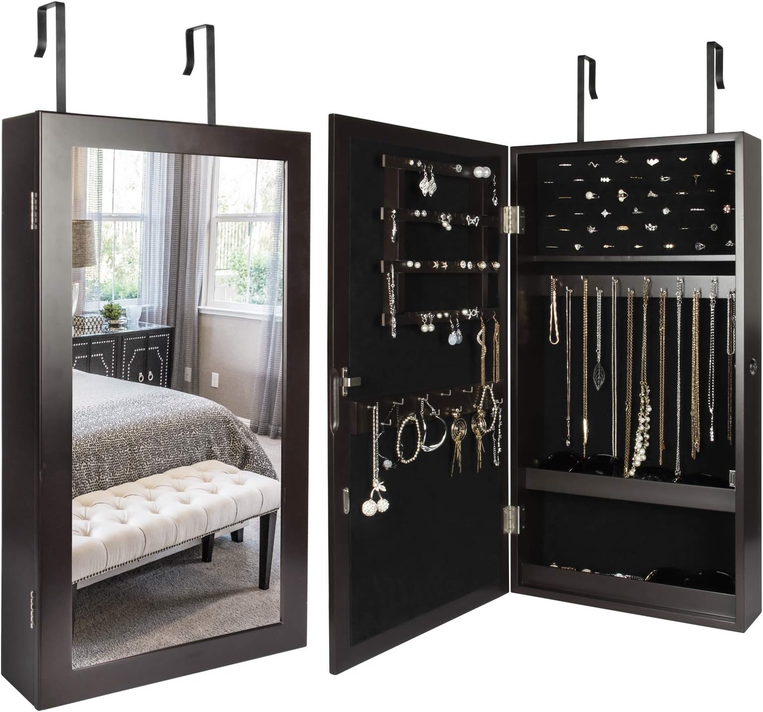 Homde Lockable Jewelry Armoire with Mirror Jewelry Storage Organizer for Hanging Over the Door (Brown)