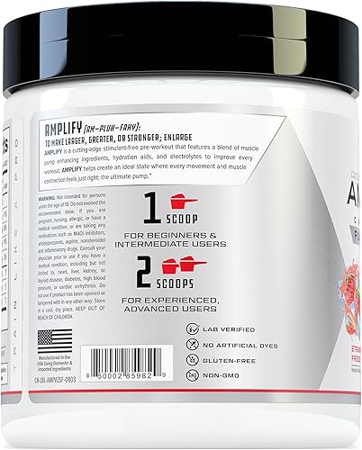 Vista 4 de Cutler Nutrition Amplify Pump Pre Entrenamiento Sin Cafeína Óxido Nítrico Booster que contiene arginina y citrulina pre-entrenamiento para bombas