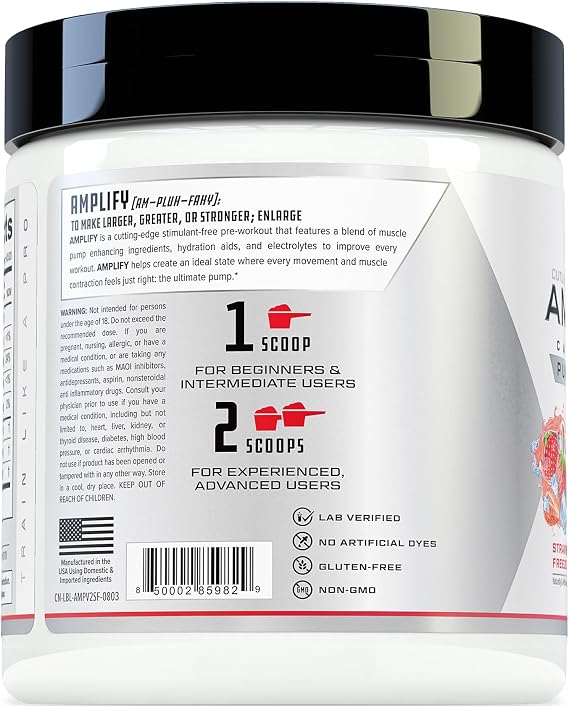 Cutler Nutrition Amplify Pump Pre Workout Caffeine Free Nitric Oxide Booster containing Arginine and Citrulline Pre-Workout for Maximum Pumps Flavor Strawberry