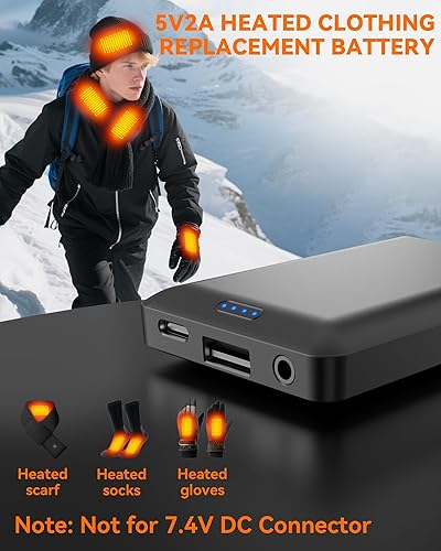 Miniatura 2 de Paquete de 2 baterías para guantes calefactados, calcetines, pantuflas, sombrero, bufandas, 5V2A, 5000mAh, salida CC y USB, recargable para