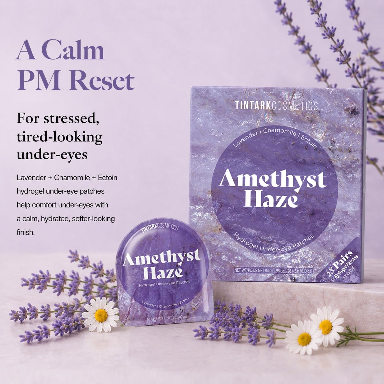 Tintark Parches de hidrogel Crystal Amethyst Haze para debajo de los ojos | Mascarillas de lavanda, manzanilla y ectoína para ojos sensibles y comodidad de aspecto enrojecido