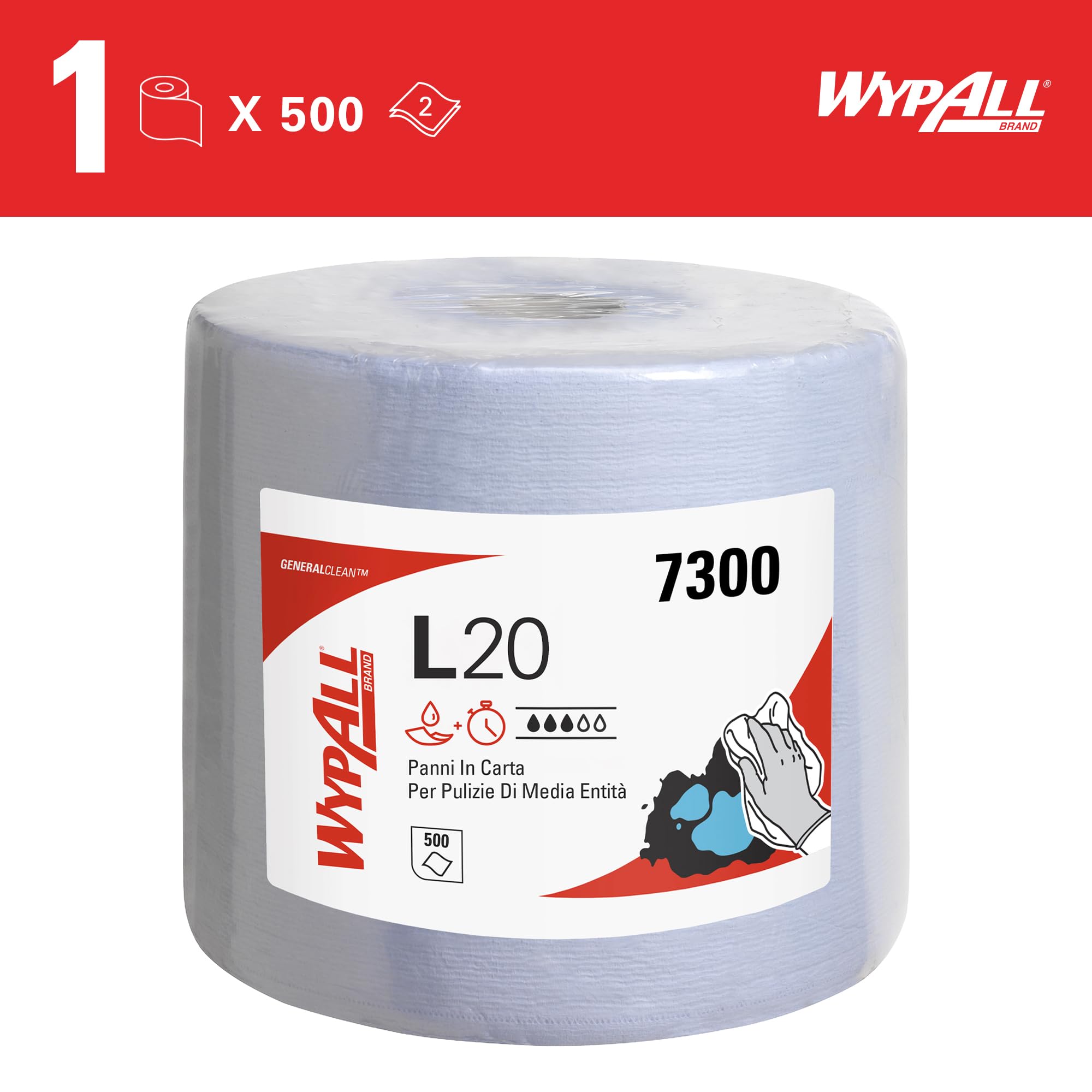 WypAll L20 Maxi Rotolo Panni Carta 7300, 2 Veli, Blu, 500 Fogli, Biodegradabili, Certificato Contatto Alimentare