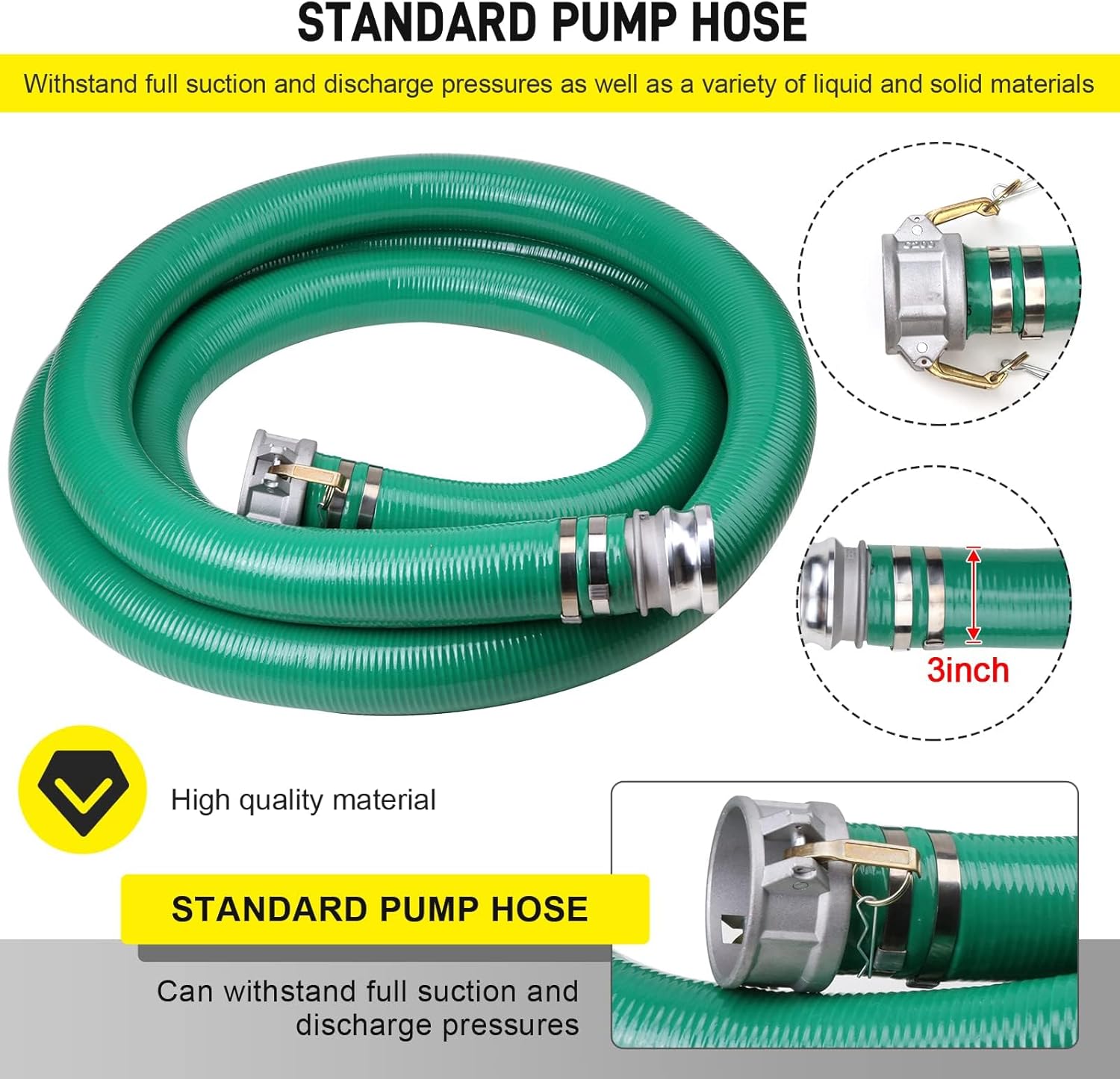 3" x 20' Green PVC Suction Hose Assembly, 3" Male X FemaleCam and Groove， For Swimming Pools & Spas 60 PSI Max Pressure