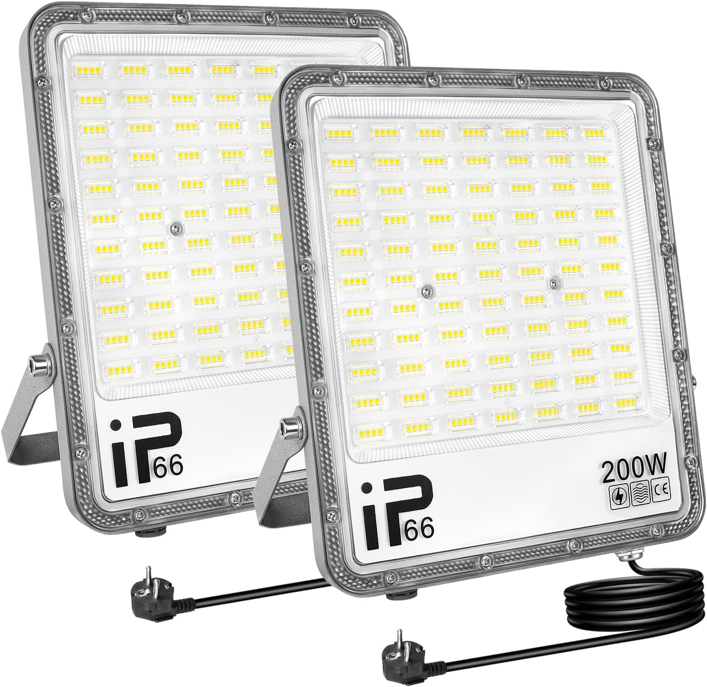 AUXTINGS Pack of 2 LED Spotlight with Plug Outdoor 200 W 20000 lm 6000 K White Outdoor Spotlight IP66 Waterproof Outdoor Lighting Floodlight for Garden Garage Home Yard Sports Field [Energy Class E]