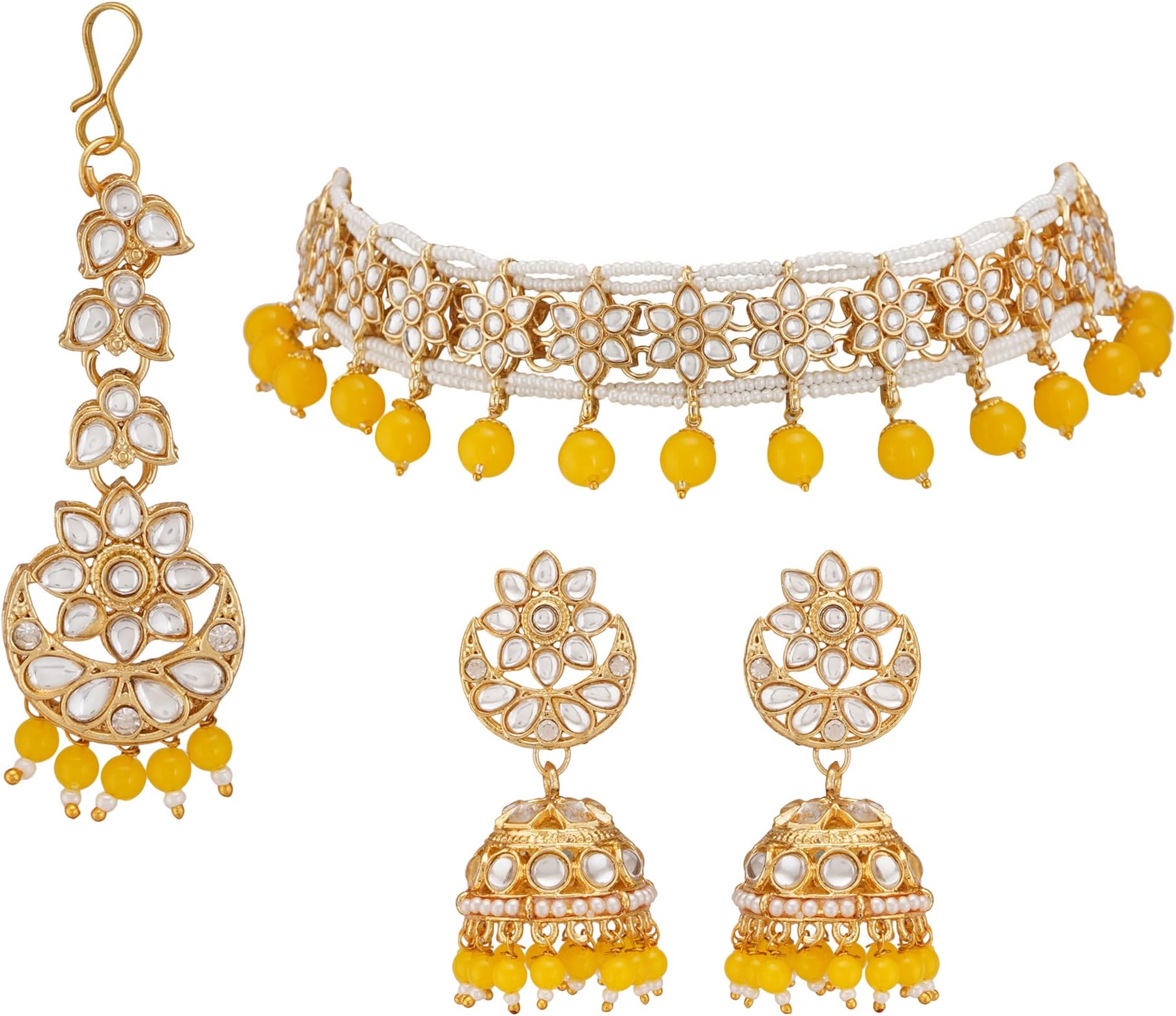 JwellmartGold Plated Faux Kundan Pearl Bridal Wedding Choker Necklace Earrings Tika Combo Set Bollywood Party Traditional Fashion Indian Jewelry Jewellery Set for Women
