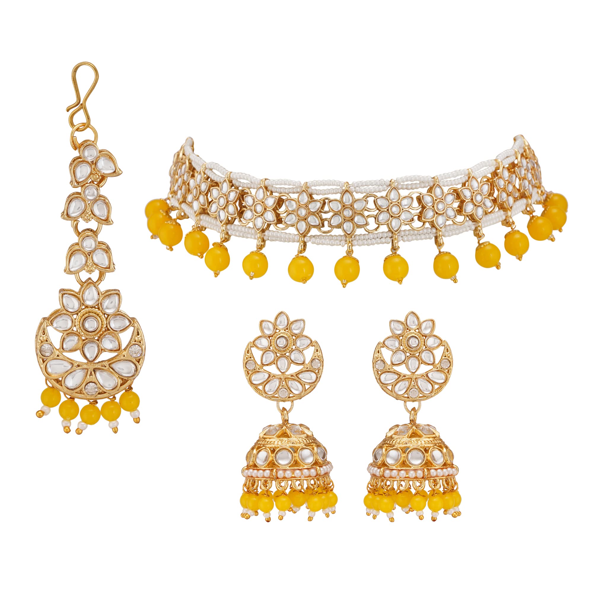 JwellmartGold Plated Faux Kundan Pearl Bridal Wedding Choker Necklace Earrings Tika Combo Set Bollywood Party Traditional Fashion Indian Jewelry Jewellery Set for Women