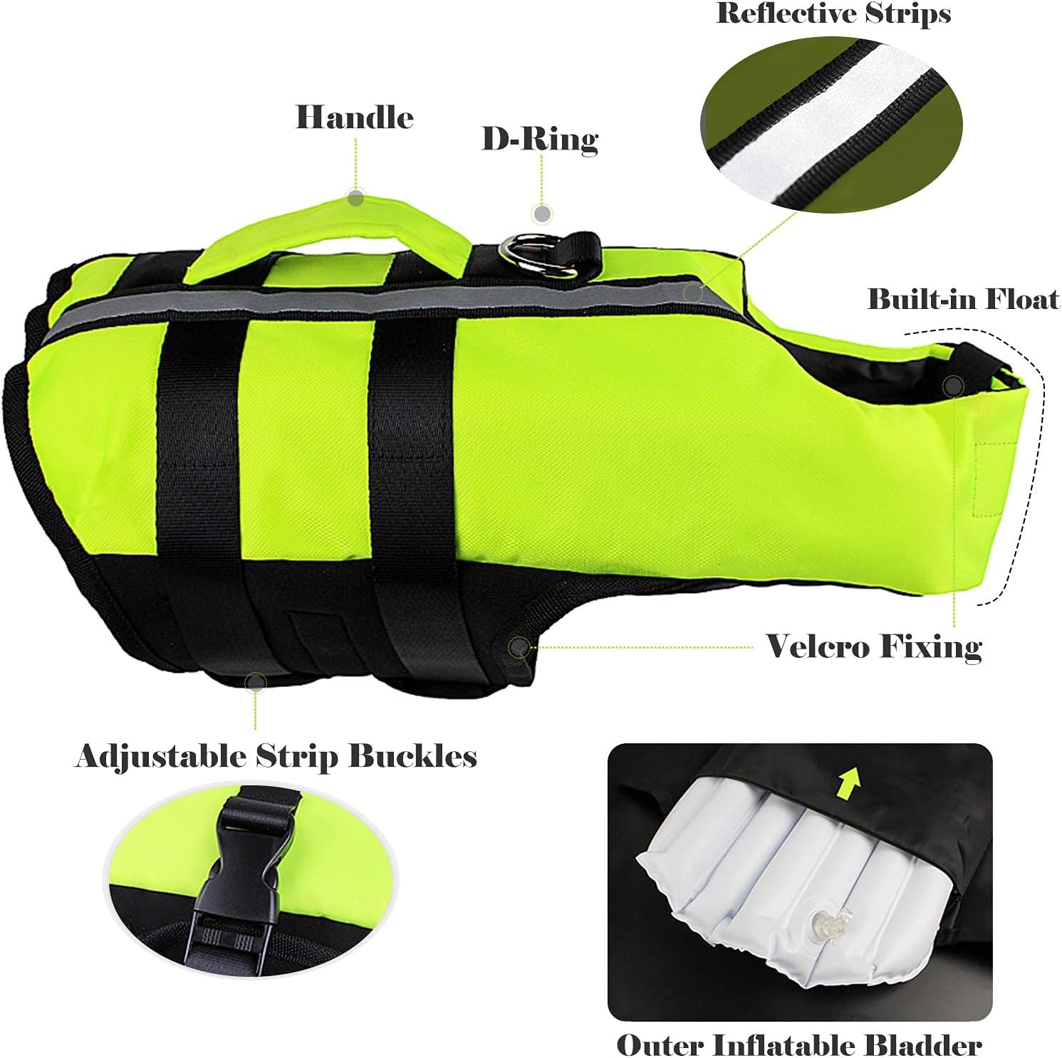 NAMSAN Dog Life Jacket Adjustable Lifesaver Jacket Reflective Preserver Inflatable Safety Dog Vest Jacket with Buoyancy & Rescue Handle Flotation Swimsuit for French Bulldog Dogs, Green Medium
