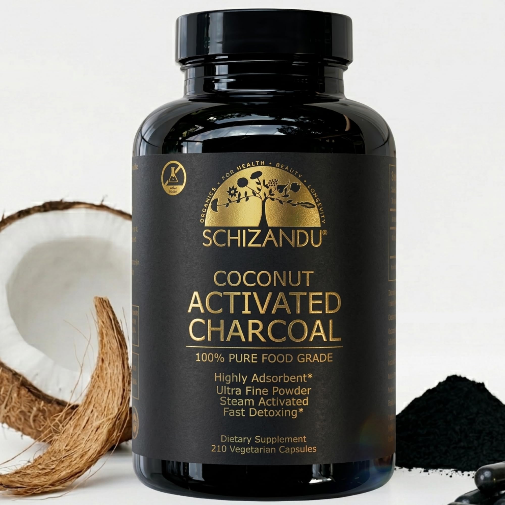 Schizandu Organic Activated Charcoal Capsules, Coconut Shell, 210 Vegan Capsules 210 Count (Pack of 1)