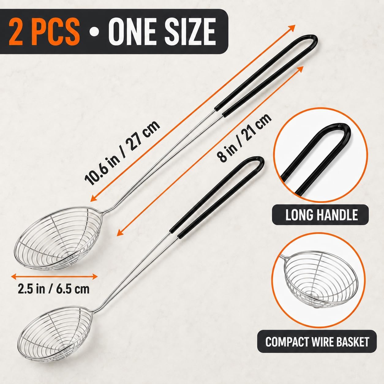2 Pcs Stainless Steel Hot Pot Strainer Spoons, 2.5 Inch Wire Spider Strainer Skimmer Ladle with Handle, Mesh Scoop Boba Spoon for Kitchen Meatball Oil Filter, Black