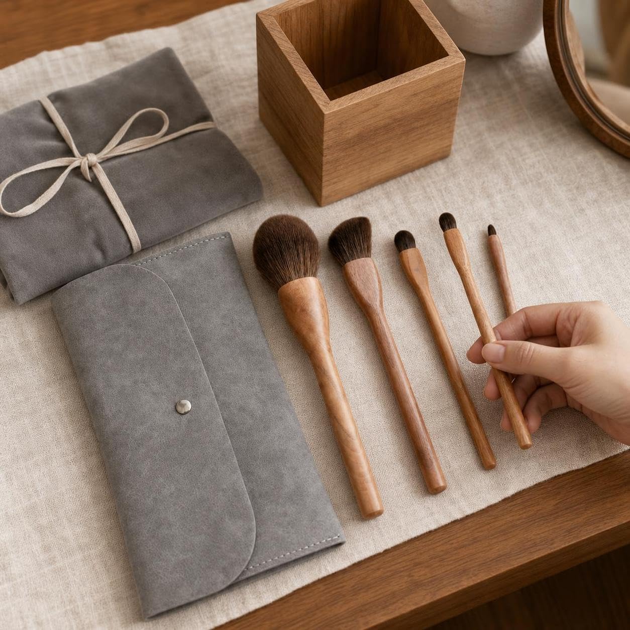 Kit Pennelli da Trucco Professionali con Manico in Legno e Fibra Sintetica per e Trucco, per bellezza - per uso quotidiano, Set di 5 pennelli quotidiani con borsa a busta grigia