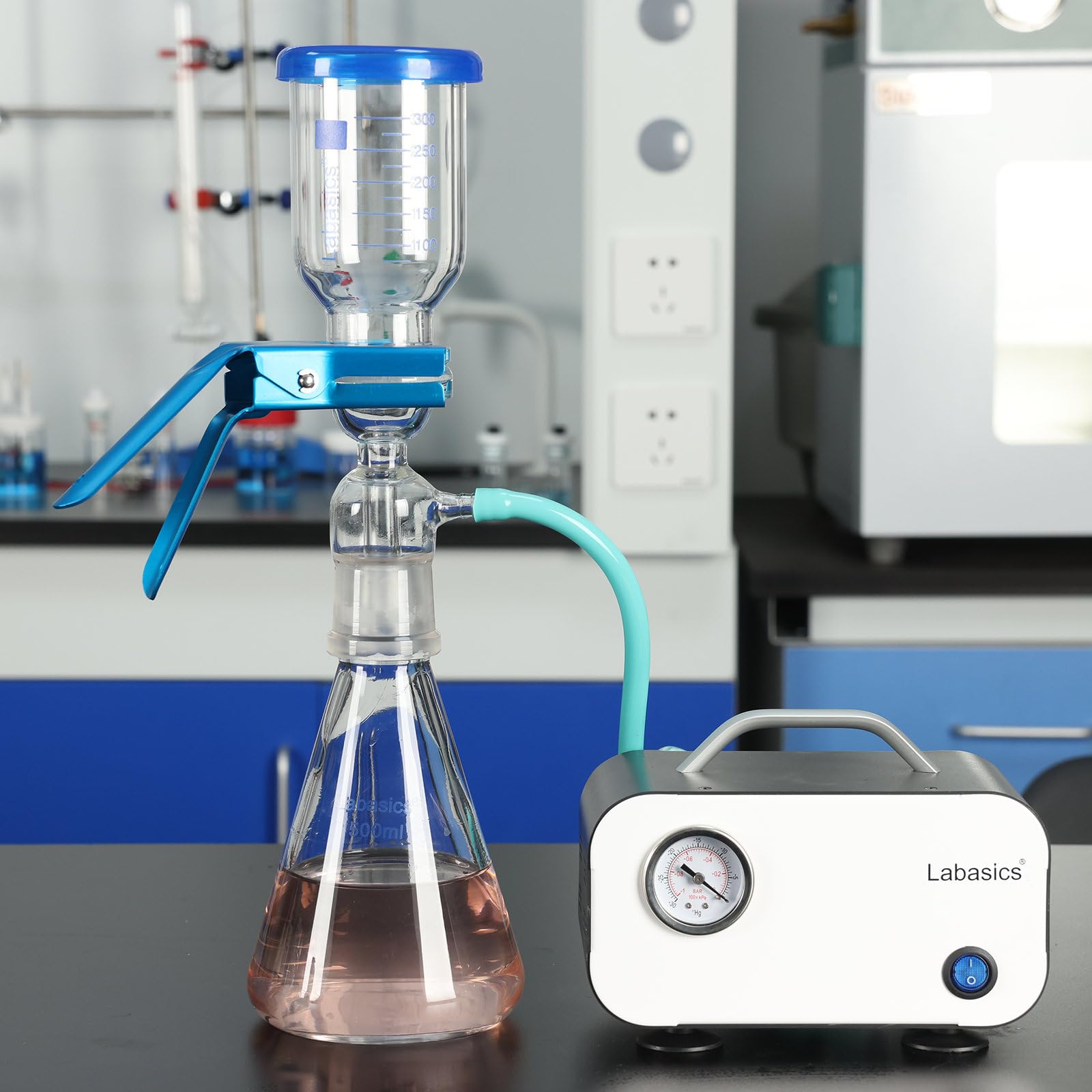Labasics Apparato di Filtrazione a Vuoto, Vetro Borosilicato, Piastra Filtro a Nucleo di Sabbia 10μm, Matrazzo di Filtrazione 500 ml, con Becher Graduato 300 ml
