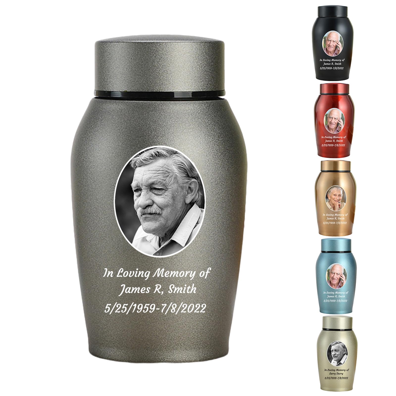 WXMYOZR Photo Personalized Small Urns for Human Ashes, Mini Urns for Human Ashes Customizable, Stainless Steel Memorial Keepsake Cremation Urns Mini Sharing Funeral Urns,Grey